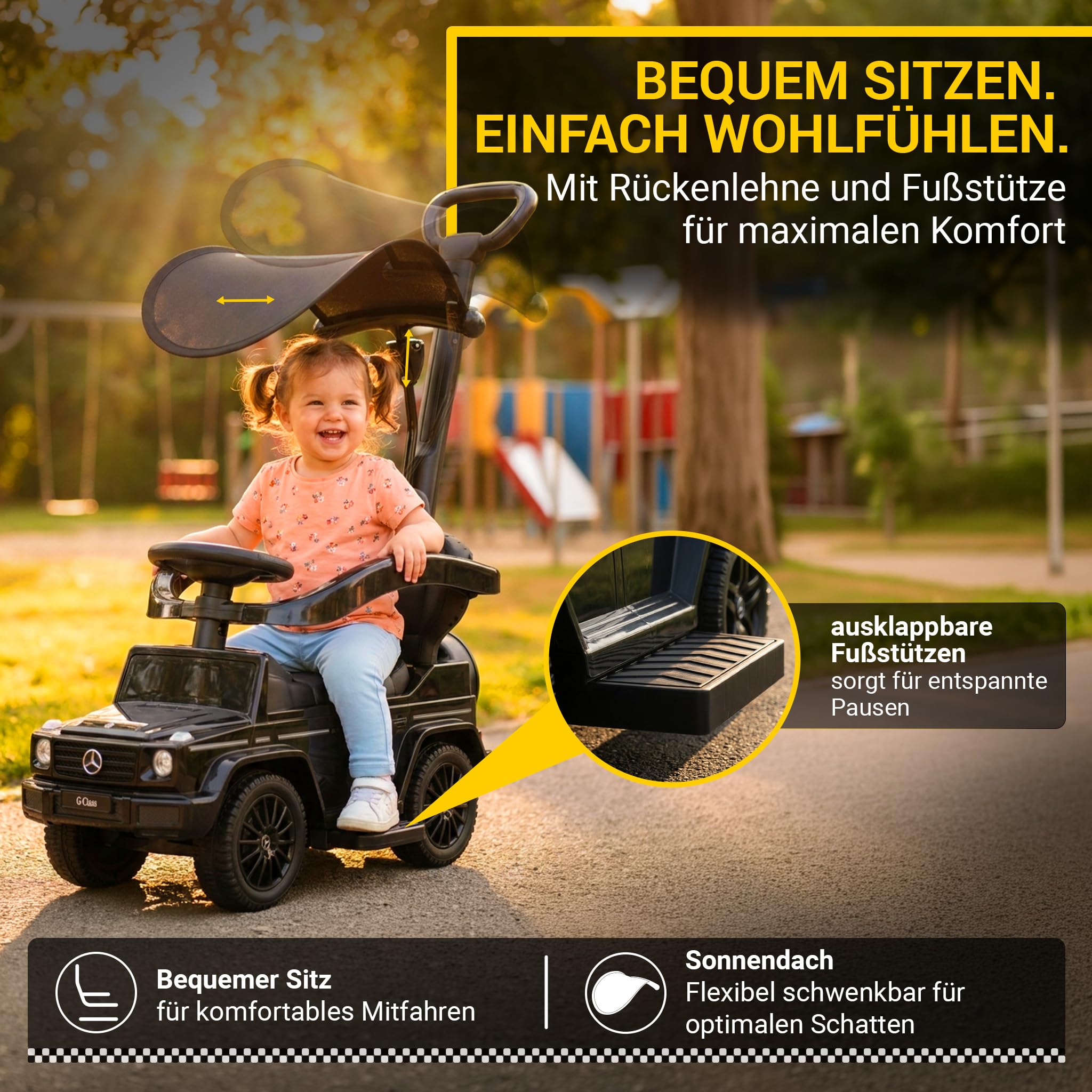Actionbikes Motors Lauflernwagen Mercedes G350d | Rutschauto mit Schiebestange Schutzbügel Sonnendach - Kinderauto - Rutschfahrzeug - Laufrad - Gehwagen - Kinderfahrzeuge ab 1 Jahr (Schwarz 3in1)