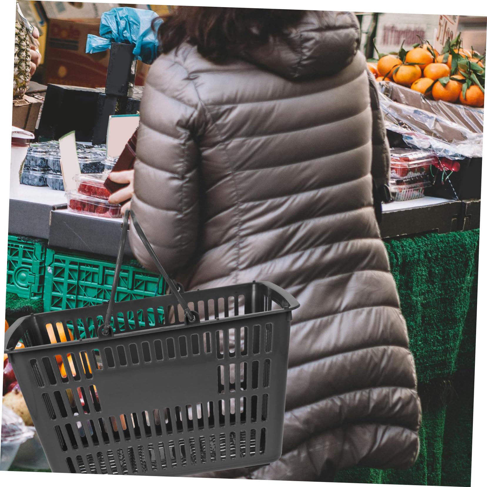 ULTECHNOVO Cesta De Plástico Portátil Para Supermercado Cesta De Compras Doble Asa Para Llevar Verduras y Condimentos Gris