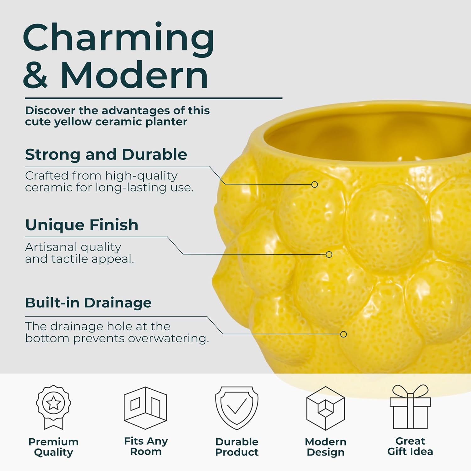 Decorative Planter Pot with Lemon Pattern– Ceramic Stoneware Outdoor and Indoor Plant Pot – Modern Garden and Home Decor Ceramic Planters – Stylish Pots for Plants with Drainage - 7", Yellow