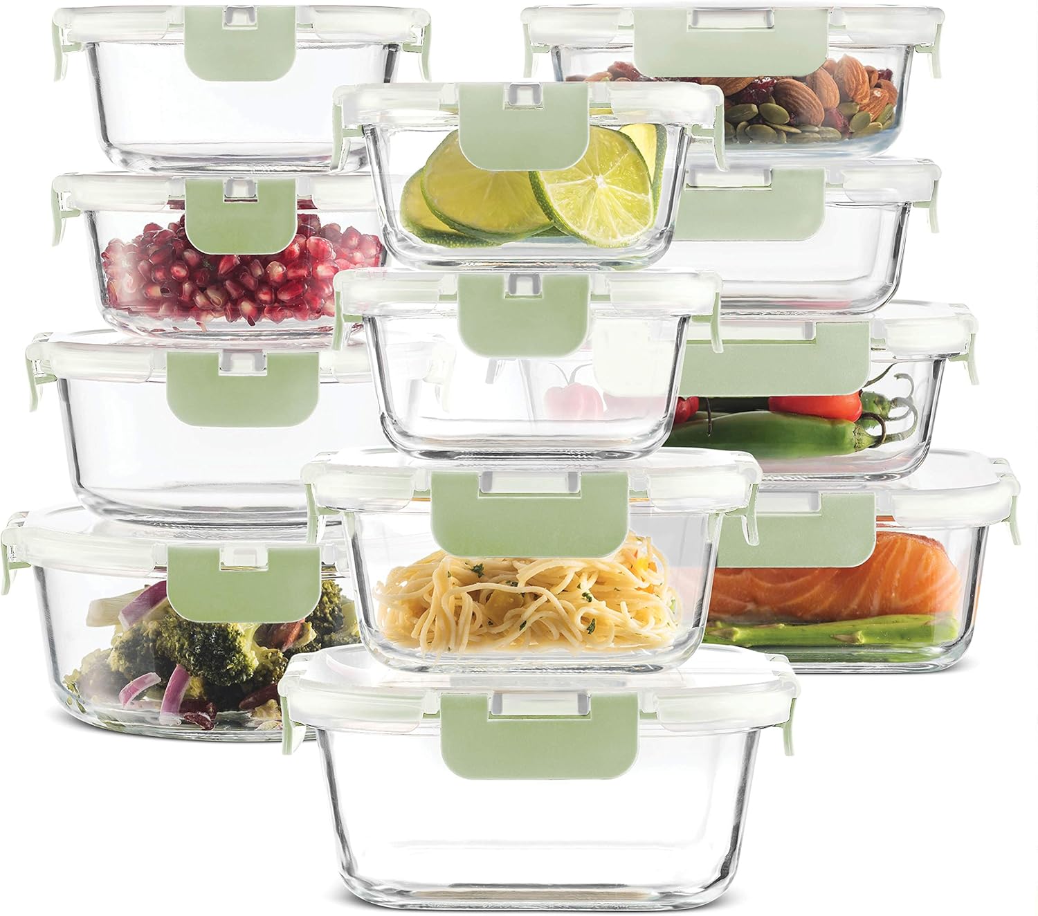 24-Piece Superior Glass Food Storage Containers Set - Newly Innovated Hinged BPA-free Locking lids - 100% Leakproof Glass Meal-Prep Containers, Great On-the-Go & Freezer-to-Oven-Safe Food Containers: Kitchen & Dining