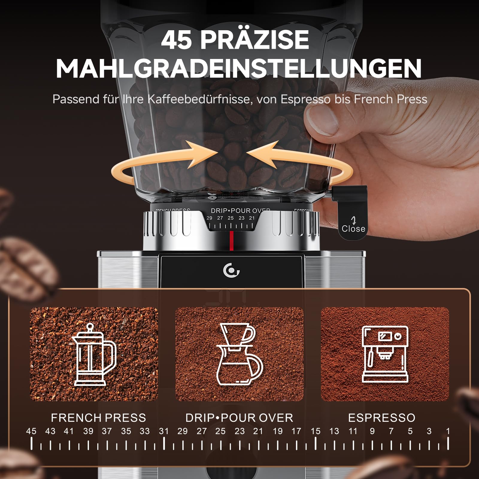 AMZCHEF Kaffeemühle mit 45 Mahlgraden, Edelstahl, Plasma Anti-Statik System, Speicherfunktion, LED-Touchdisplay, 300g Bohnenbehälter, Kaffeemühle für Siebträger, Espresso, Filterkaffee & French Press