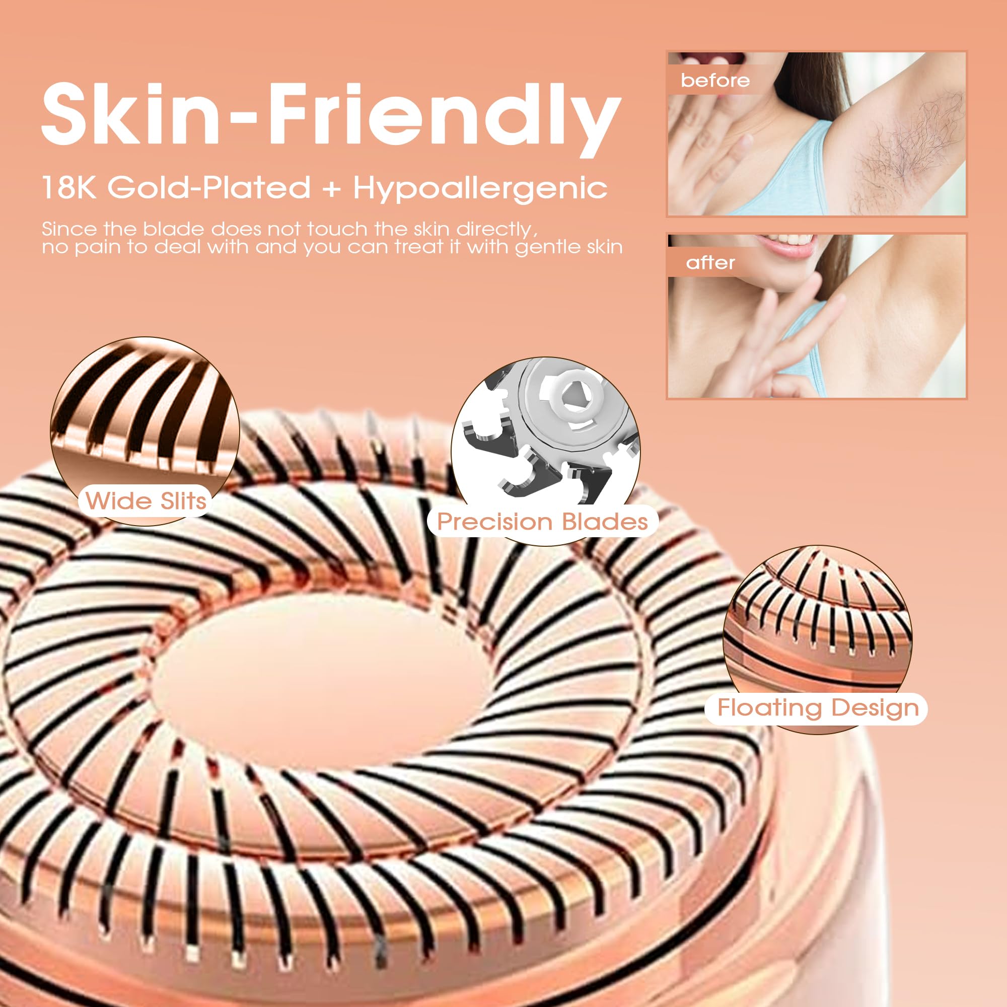 Testine di ricambio per il dispositivo di rimozione dei peli facciali Flawless per le donne, lame di ricambio per le testine di ricambio Flawless Gen 2, oro 18k con borsa di flanella Gurelax (6)