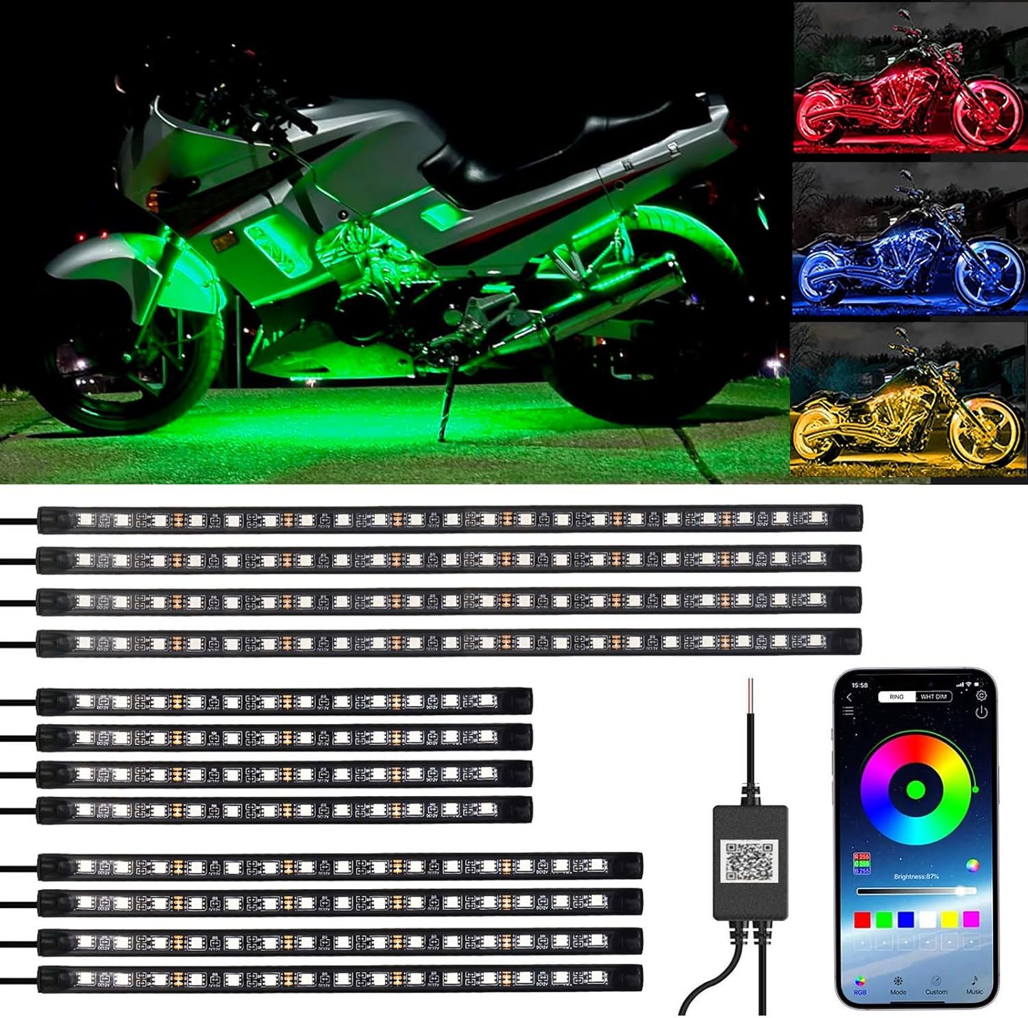 YUGUANG 12PCS Motorcycle Underglow Kit, Motorcycle Lights Underglow Kit with APP Control Multi-Color Music Sync Waterproof RGB Under Glow for Motorcycles