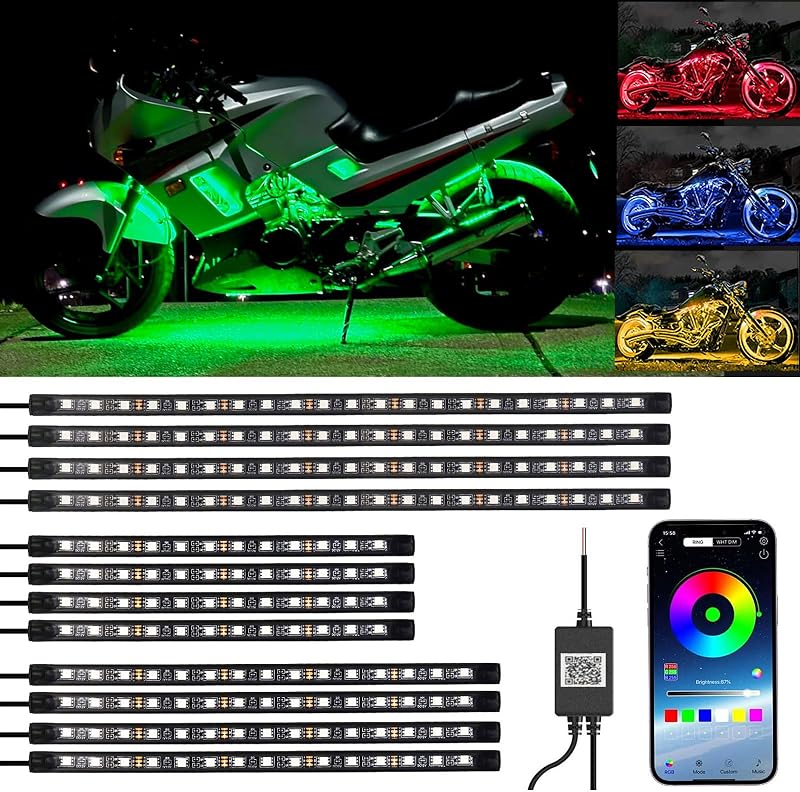12PCS Motorcycle Underglow Kit, Motorcycle Lights Underglow Kit with APP Control Multi-Color Music Sync Waterproof RGB Under Glow for Motorcycles
