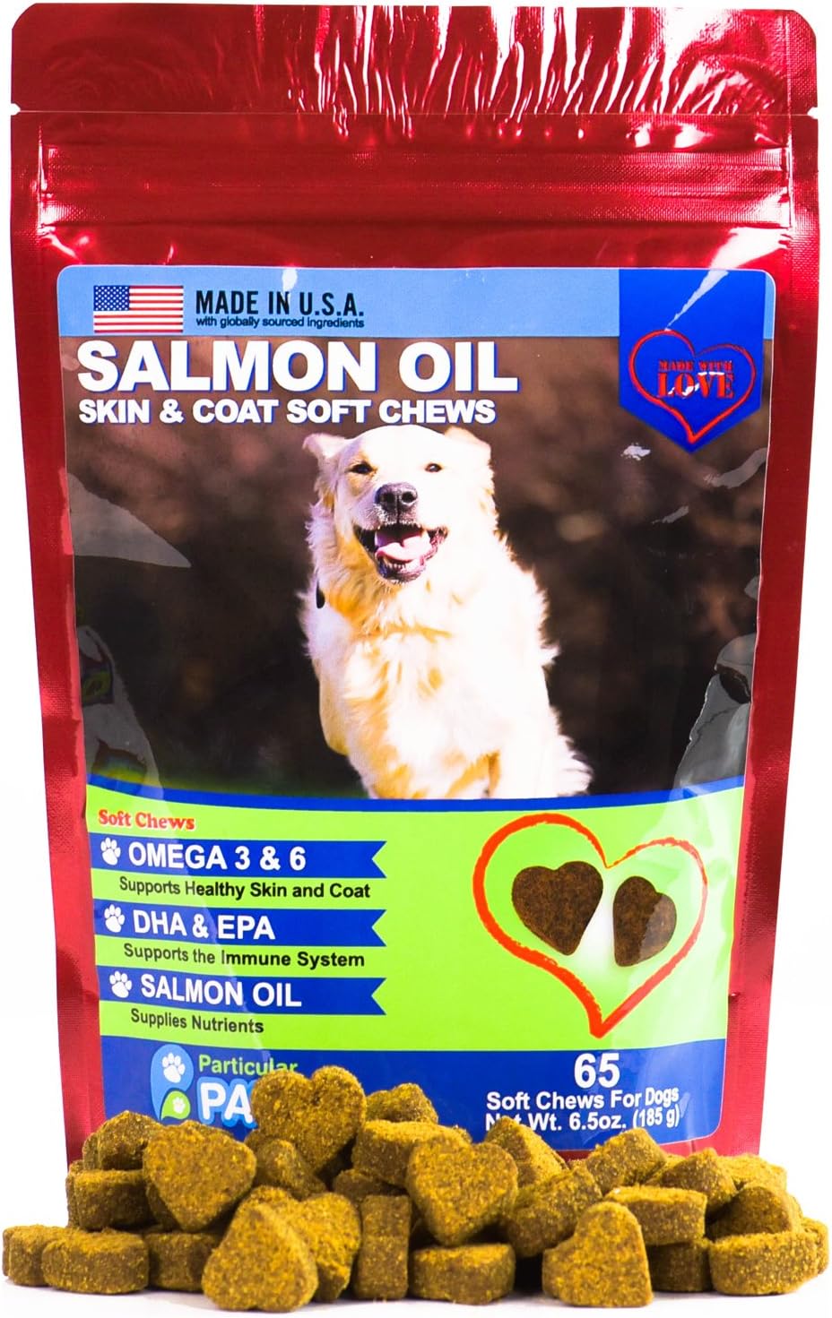 Particular Paws Omega 3,6,9 for Dogs - Treats - All-Natural Omega Flax Seed, Chia Seed and Fish - Supports Immune System, Heart Health and Shiny Coat - 65 Soft Chews