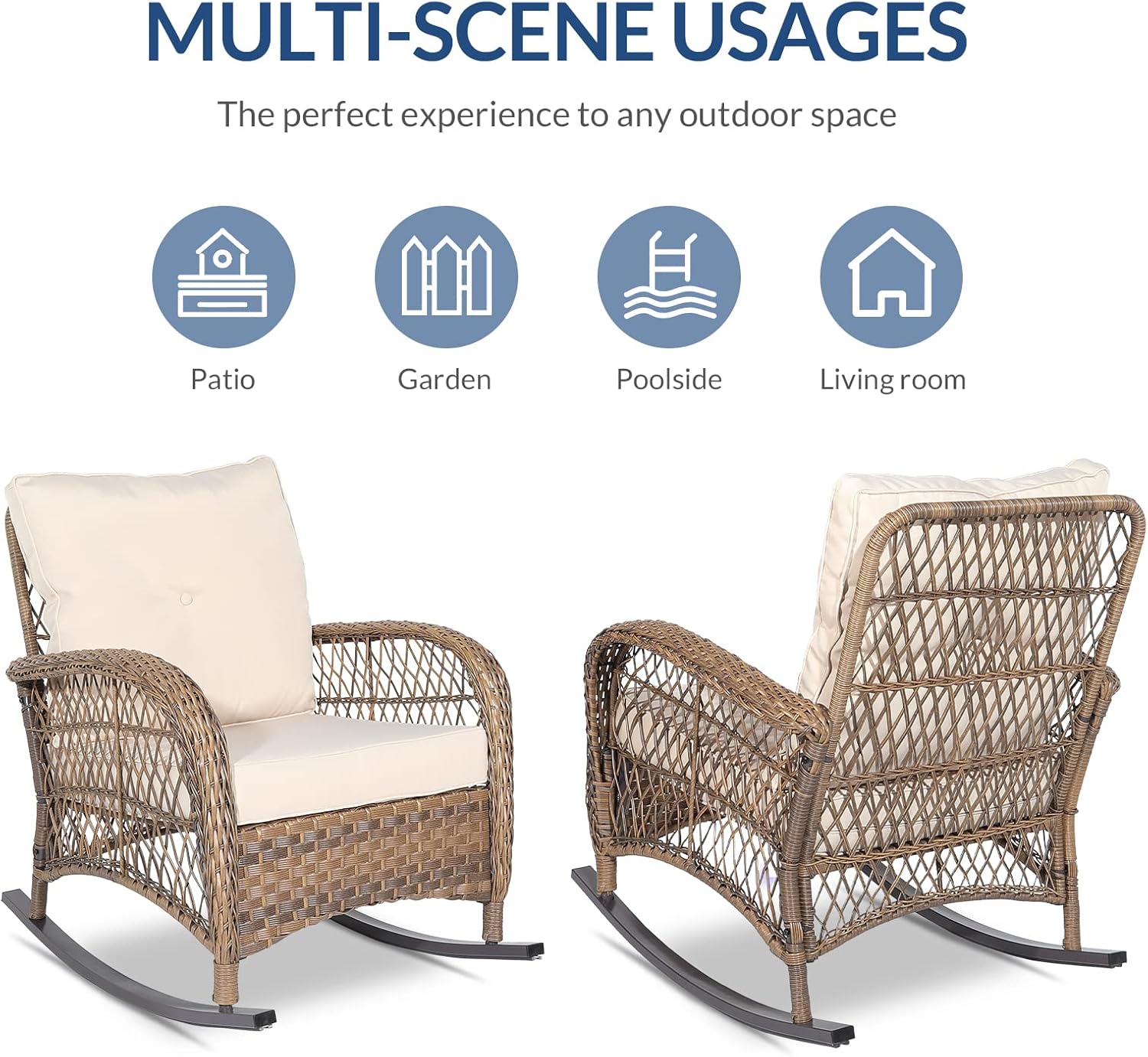 Outdoor Wicker Rocking Chair, Patio Rattan Rocker Chair with Steel Frame, Rocking Lawn Chair Patio Furniture, Light Brown Wicker & Beige Cushions, Set of 2