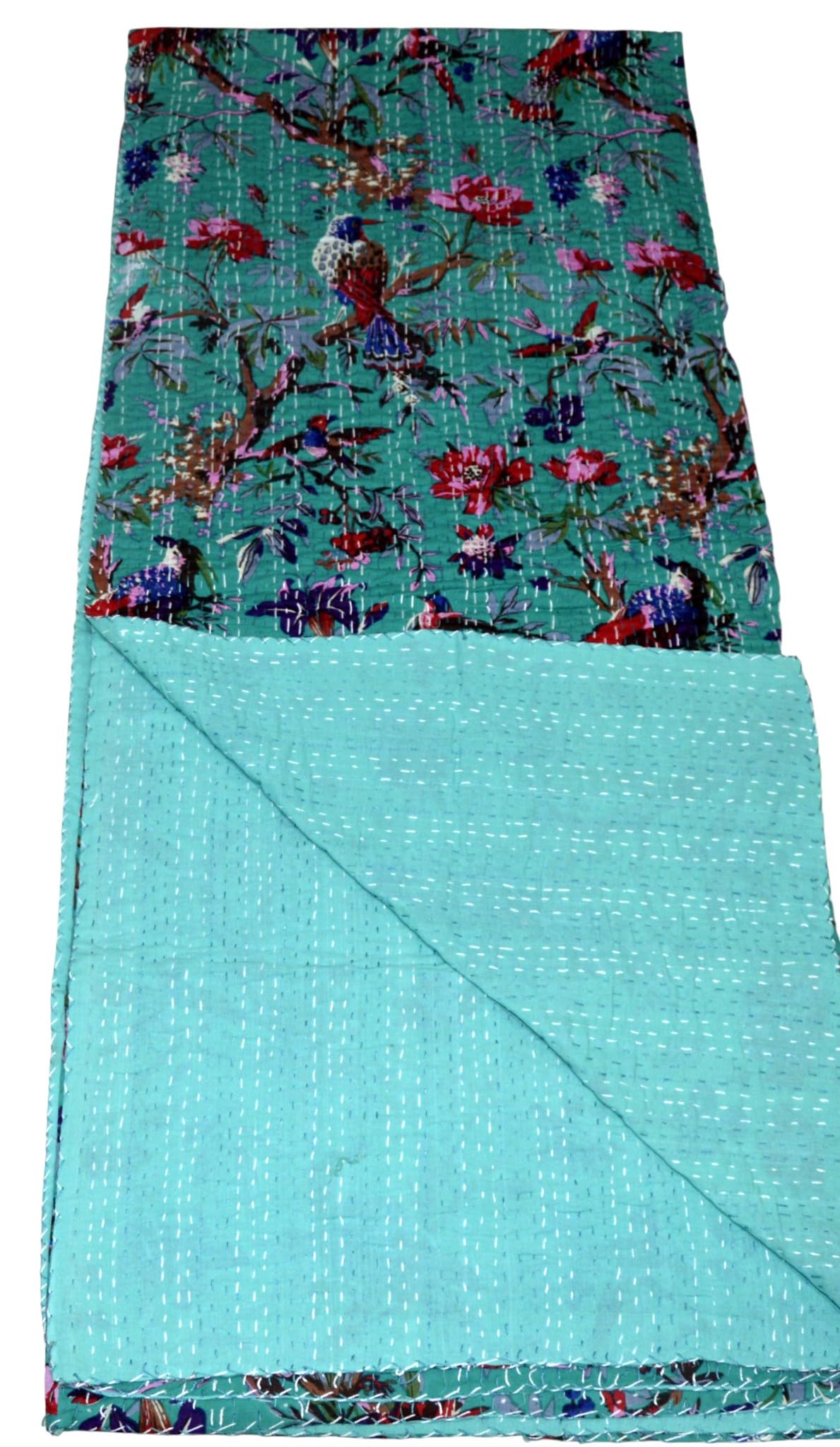 copriletto indiano 100% cotone Kantha, set di copriletti fatti a mano, reversibile, set di copriletti di lusso vintage con motivi floreali e uccelli