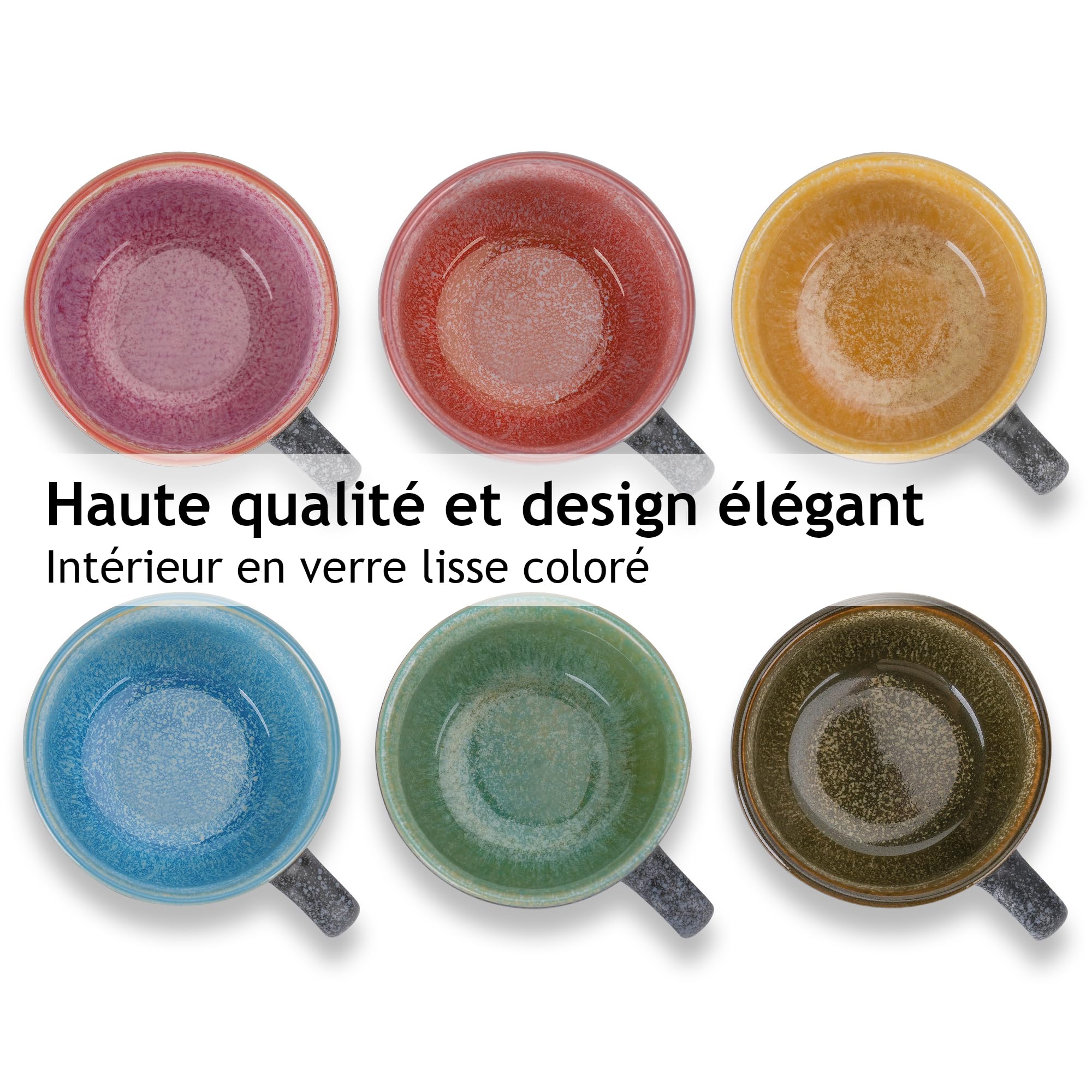 MIAMIO - Tasses à cappuccino empilables en céramique de 190 ml avec soucoupes et support en métal - Ensemble de 6, spéciaux Americano Latte Café Mocha et thé - Collection Las Palmitas