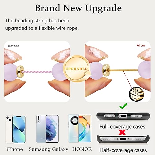 Miniatura 4 de Correa de muñeca para teléfono con cuentas de mármol, correa desmontable para teléfono con pestaña de sujeción, correa de muñeca manos libres
