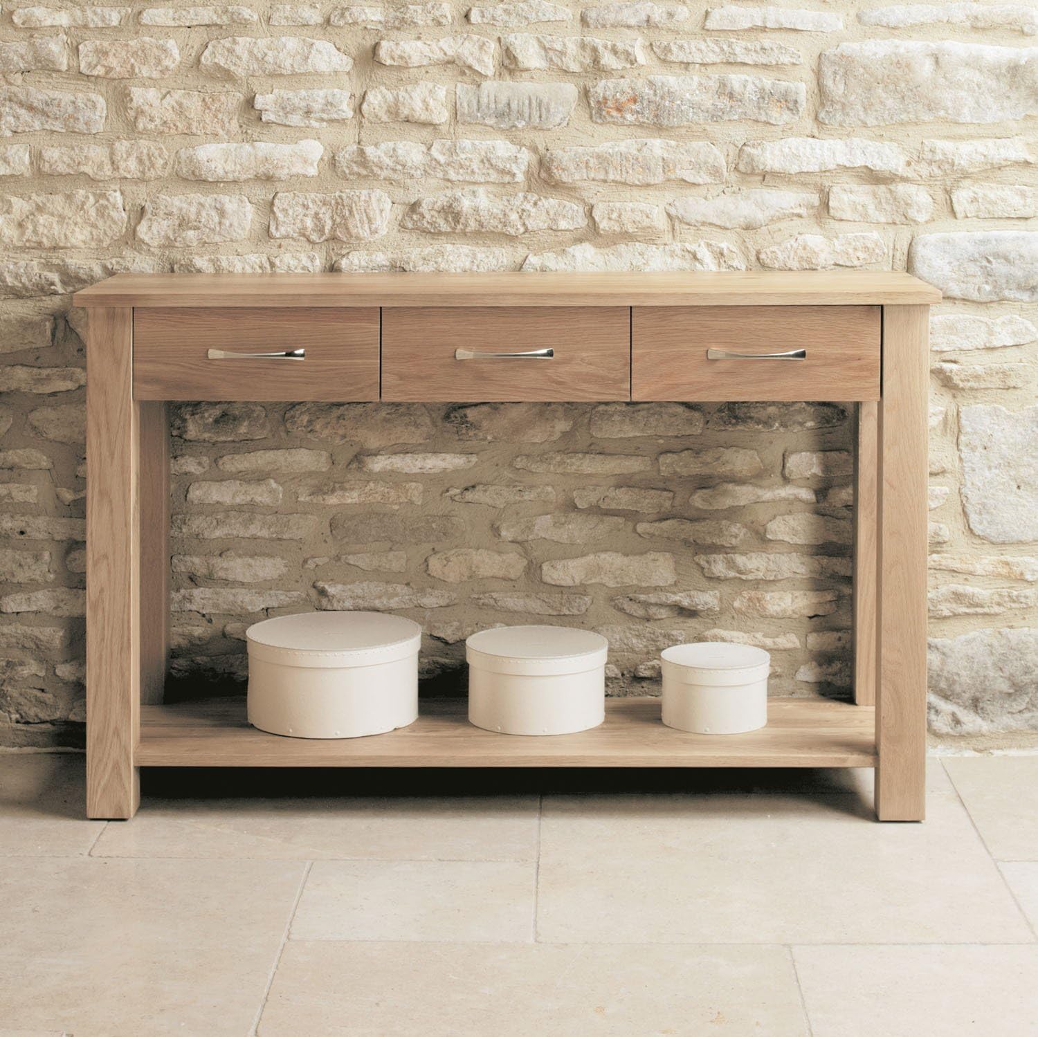 Mobel Solid Oak 3 Drawer Console Table with Light Oak Finish | Solid Wooden Side End Telephone Table