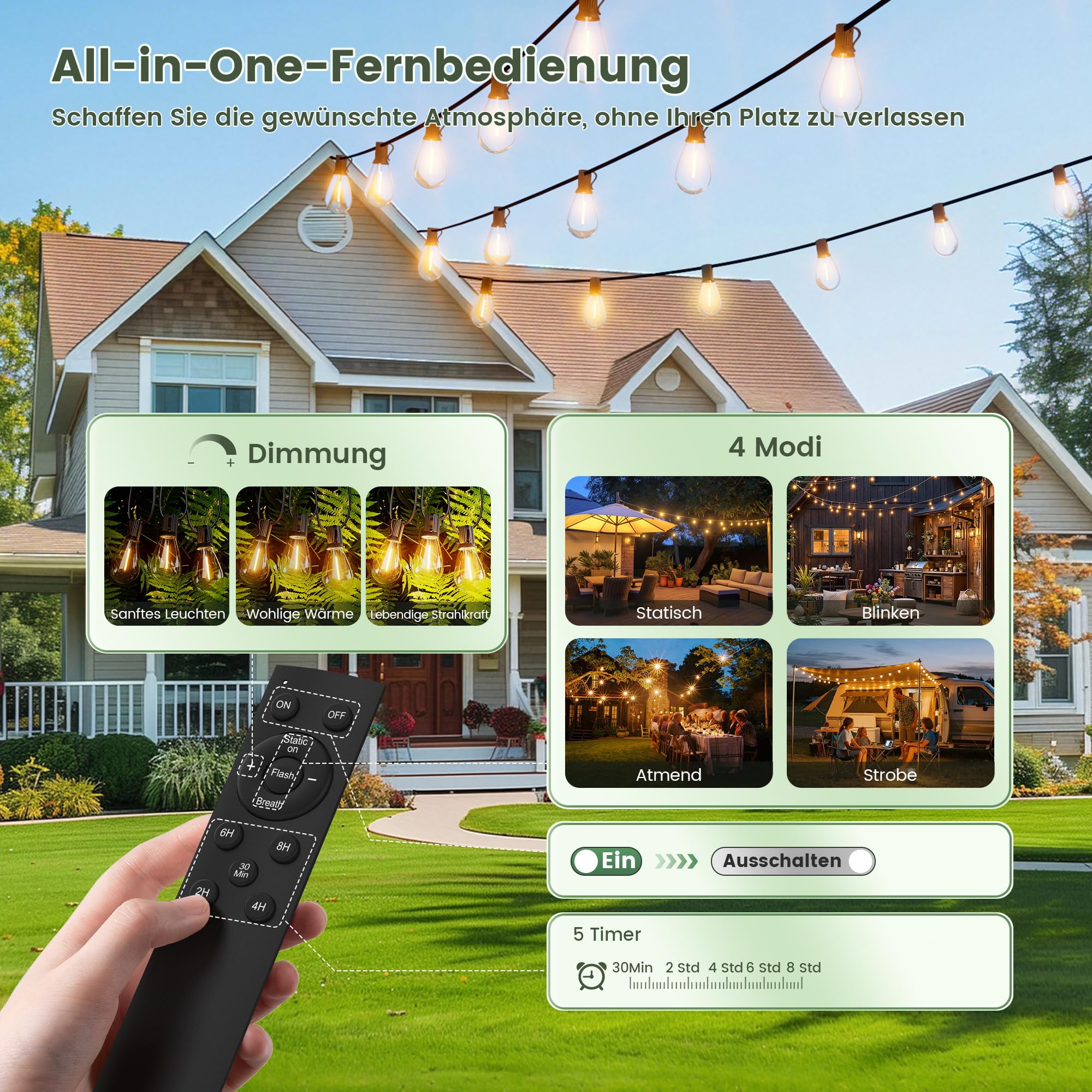 OHLUX 45m Solar-Lichterkette für den Außenbereich mit Fernbedienung, USB, Timer, 62 bruchsicheren LEDs, 2200K warmweiß, dimmbar, IP65 wasserdicht für Terrasse, Garten, Party, Hochzeit