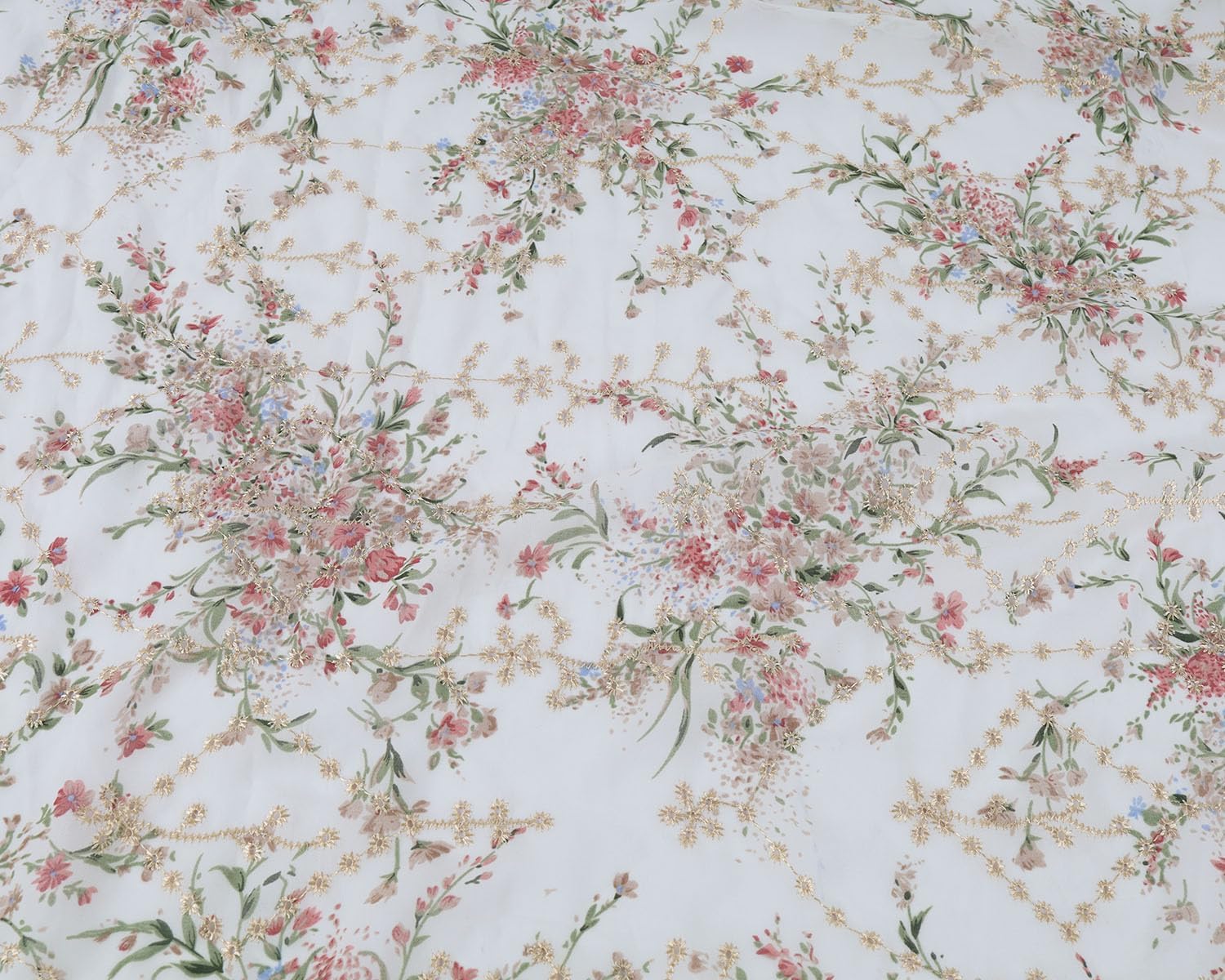 Embroidered Eyelets Chiffon Fabric Drape Floral Printing for Dresses Making 60 inch Wide (Off-White, Pre-Cut 2 Yards)