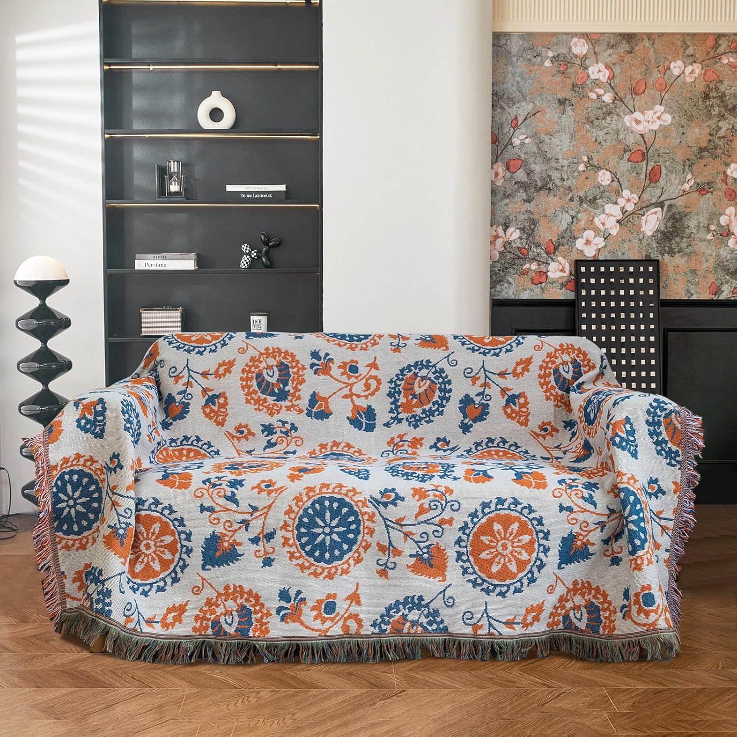 71x150 Inches Sofa Covers for 3 Cushion Couch Boho Flroal Couch Cover Sofa Slipcovers with Tassels Durable Breathable Sectional Couch Covers for Home Decor, Napping, Travel, Furniture