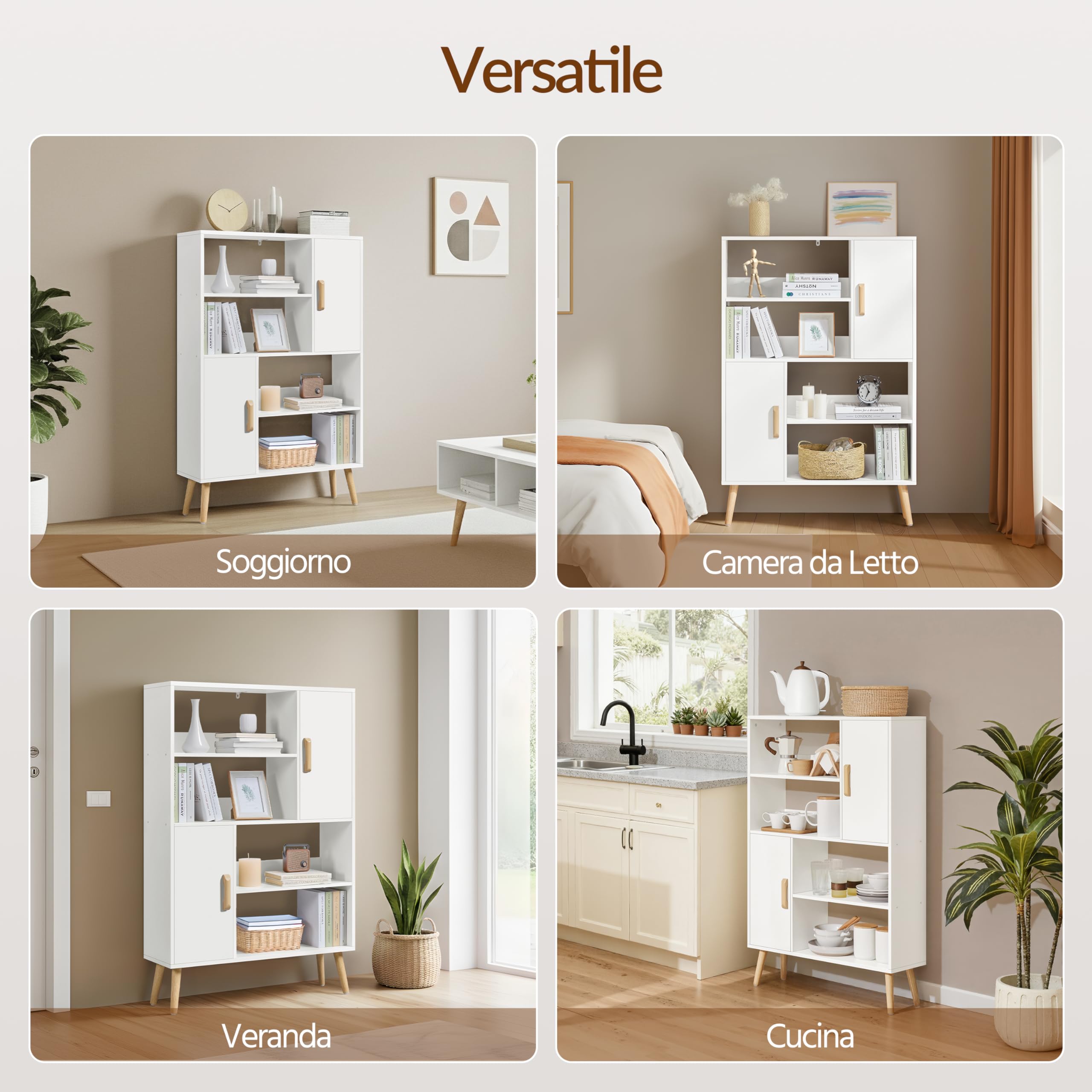 Yaheetech Libreria 4 Ripiani 2 Ante 80 × 23,5 × 120,5 cm Bianco | Mobile Autoportante Multi-Livello Alto, 4 Ripiani Ampi e 2 Ante, Organizzatore Portaoggetti per Casa e Ufficio