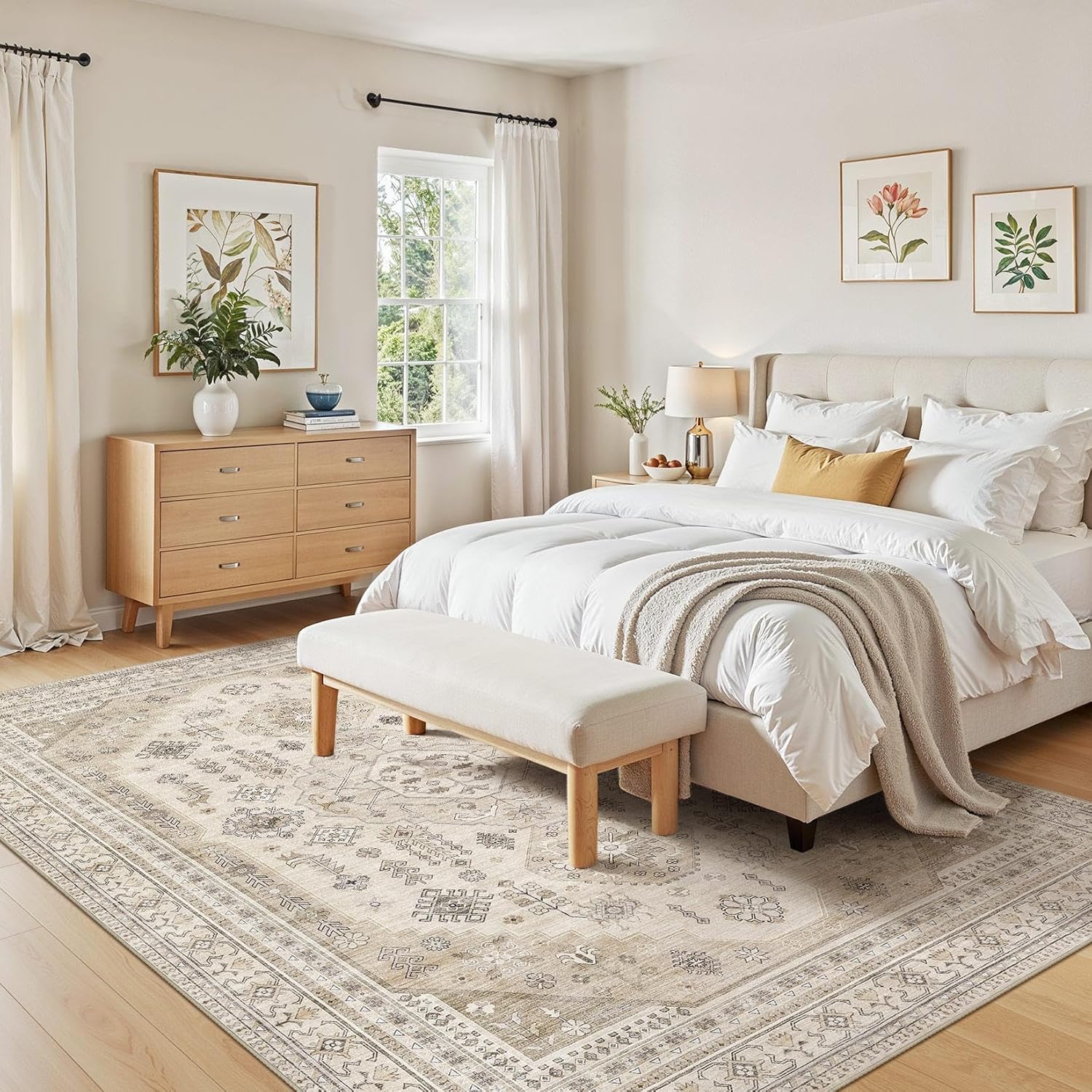 8x10 Washable Area Rug, Large Rugs for Living Room Stain Resistant Non Slip Backing Soft Low Pile Vintage Carpet for Bedroom Dining Room Kid & Pet Friendly Home Decor - Beige