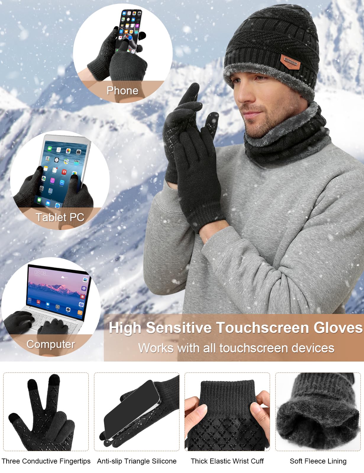 heekpek Set de Bufanda Gorro Guantes Orejeras y Calcetines Hombre de Punto Invierno Suave Térmico Conjunto de 5 Piezas para Hombre