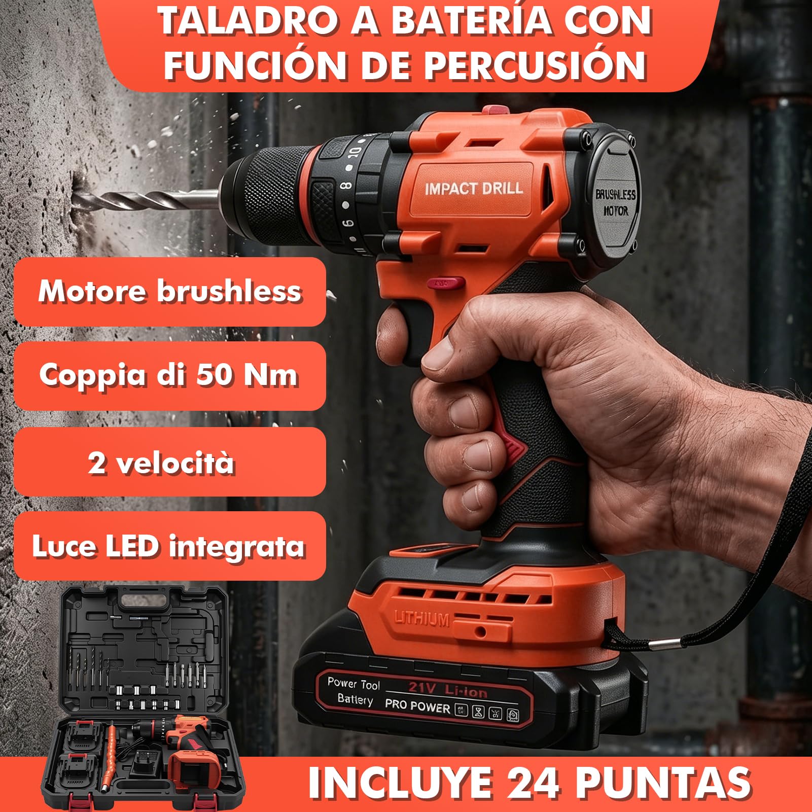 Taladro Percutor a Batería 21V, 2 Baterías 1.5Ah, 50Nm, 20+1 Ajustes de Par | Taladro Atornillador Eléctrico, 2 Velocidad, 24 Accesorios, LED Luz para Hogar, Bricolaje, Destornillador Eléctrico Brushless