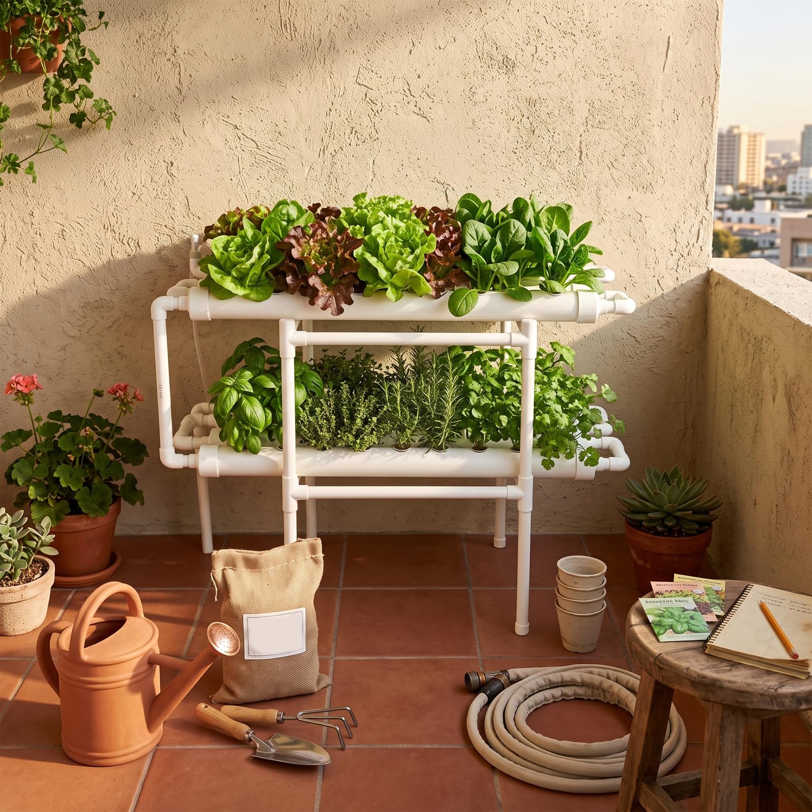 Kit de culture hydroponique, Système de culture en PVC-U à deux couches avec 72 emplacements et arrosage automatique, Système hydroponique sans sol pour le jardin, le balcon, la culture de légumes et