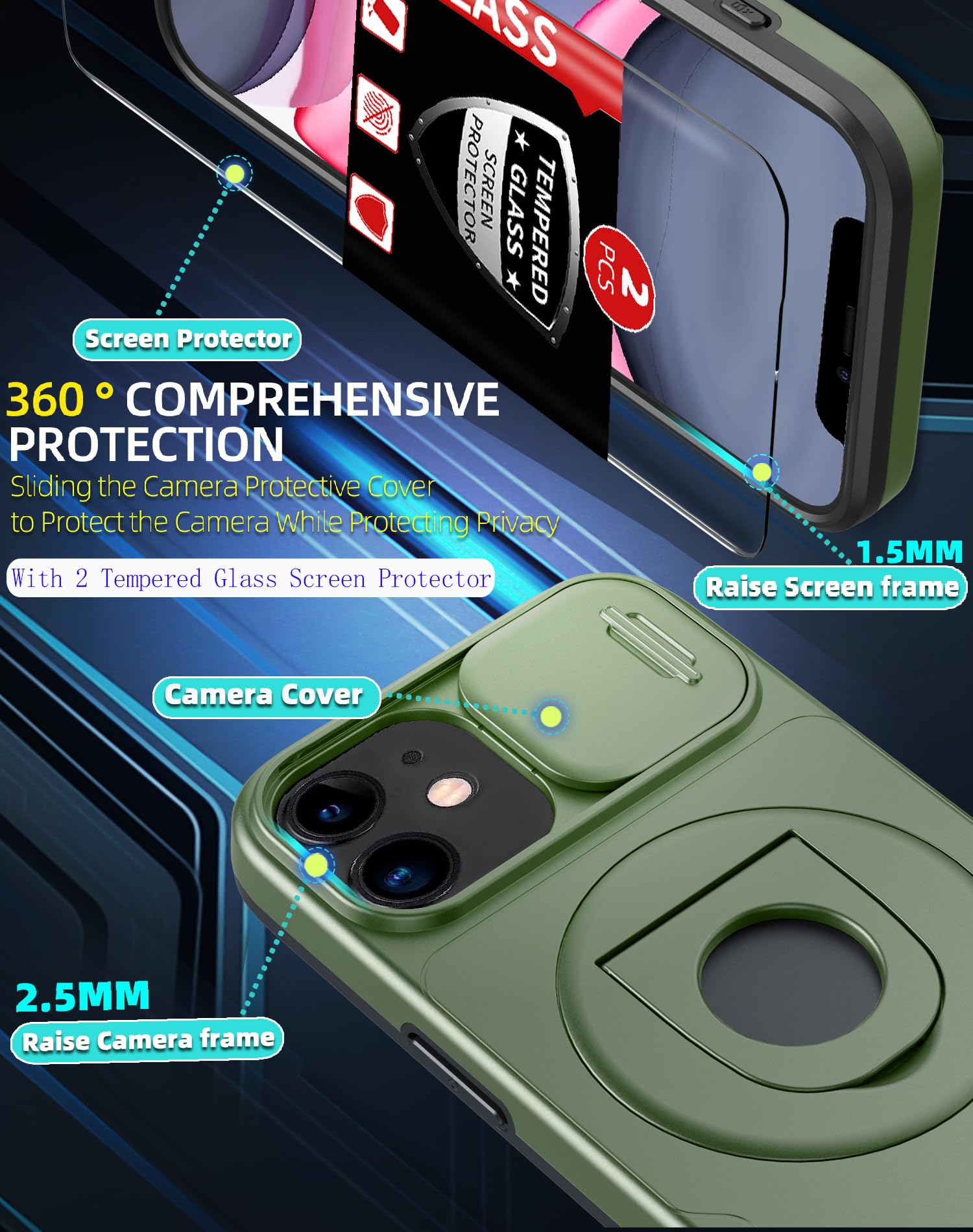 FRLMOOES for iPhone 11 Case/for iPhone XR Case Magnetic Compatible with MagSafe Wireless Charging,with 2 Screen Protectors,with Kickstand Ring+Camera Cover Shock-Absorbent Heavy Duty Protection Green - Image 3