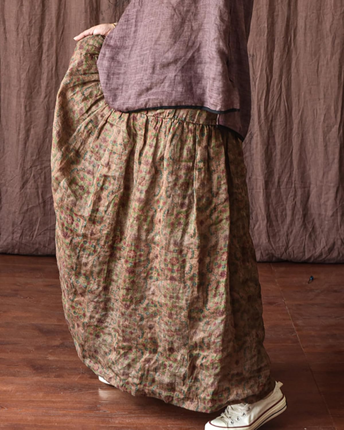 Women's Ramie Flowy Skirt Midi Length Elastic High Waist Double Layered A-Line Boho Skirt with Pockets