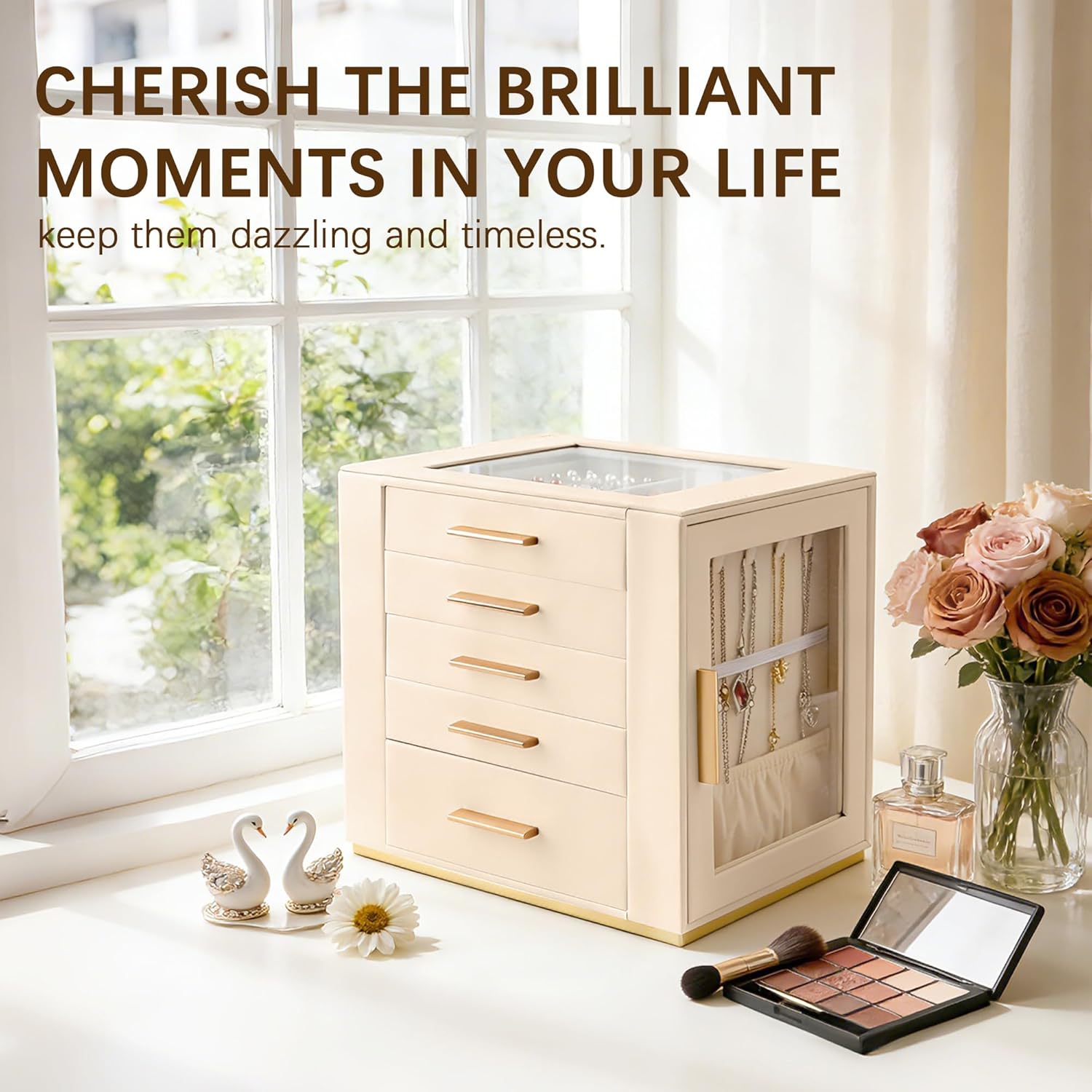 Homeanda Jewelry Box for Women with Glass Lid, 5 Drawers Jewelry Organizer and Storage for Necklaces, Rings, Earrings, Bracelets, Gift for Girls and Teens,PU Leather (Beige) - Image 7