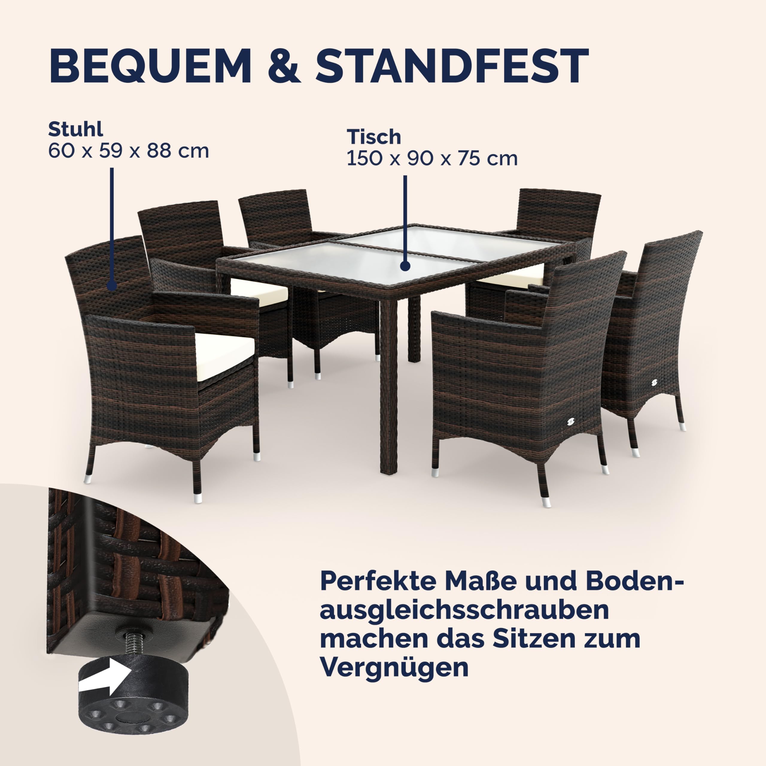 Casaria® Gartenmöbel Set 6 Personen Stühle inkl. 7cm Polster Tisch 150x90cm Balkonmöbel 160kg Belastbar Wetterfest Polyrattan Stapelbar Terrasse Möbel braun