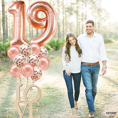 Miniatura 7 de KatchOn, Globos gigantes de oro rosa con el número 19, 40 pulgadas, globos de cumpleaños 19 con globos de confeti, decoraciones de feliz cumpleaños