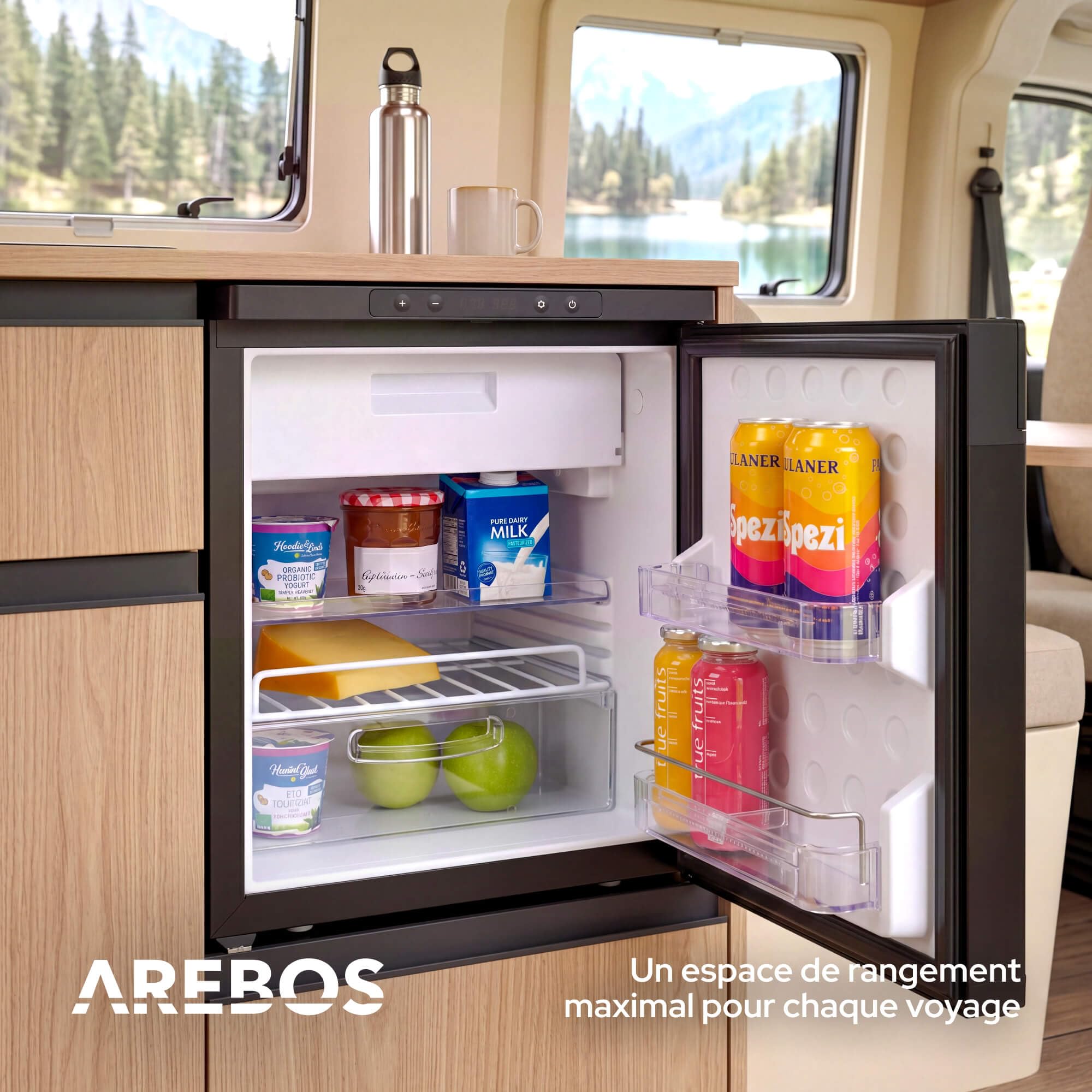 Arebos Réfrigérateur à Compresseur pour Camping-Car 50 L avec Compartiment Congélateur | Contrôle Via APP | 12V/24V | Jusqu'à -20°C | Porte Réversible | Réfrigérateur pour Camping-Car, Van & Camion