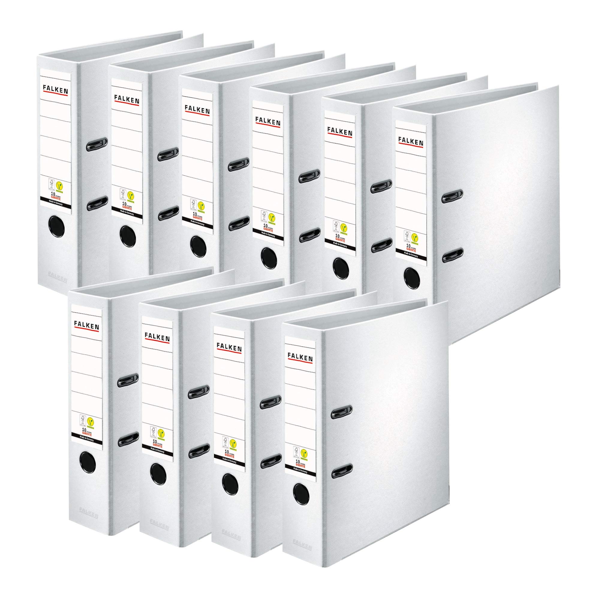 Original Falken 10er Pack PP-Color Kunststoff-Ordner. Made in Germany. 8 cm breit DIN A4 weiß Vegan Ringordner Aktenordner Briefordner Büroordner Plastikordner Schlitzordner