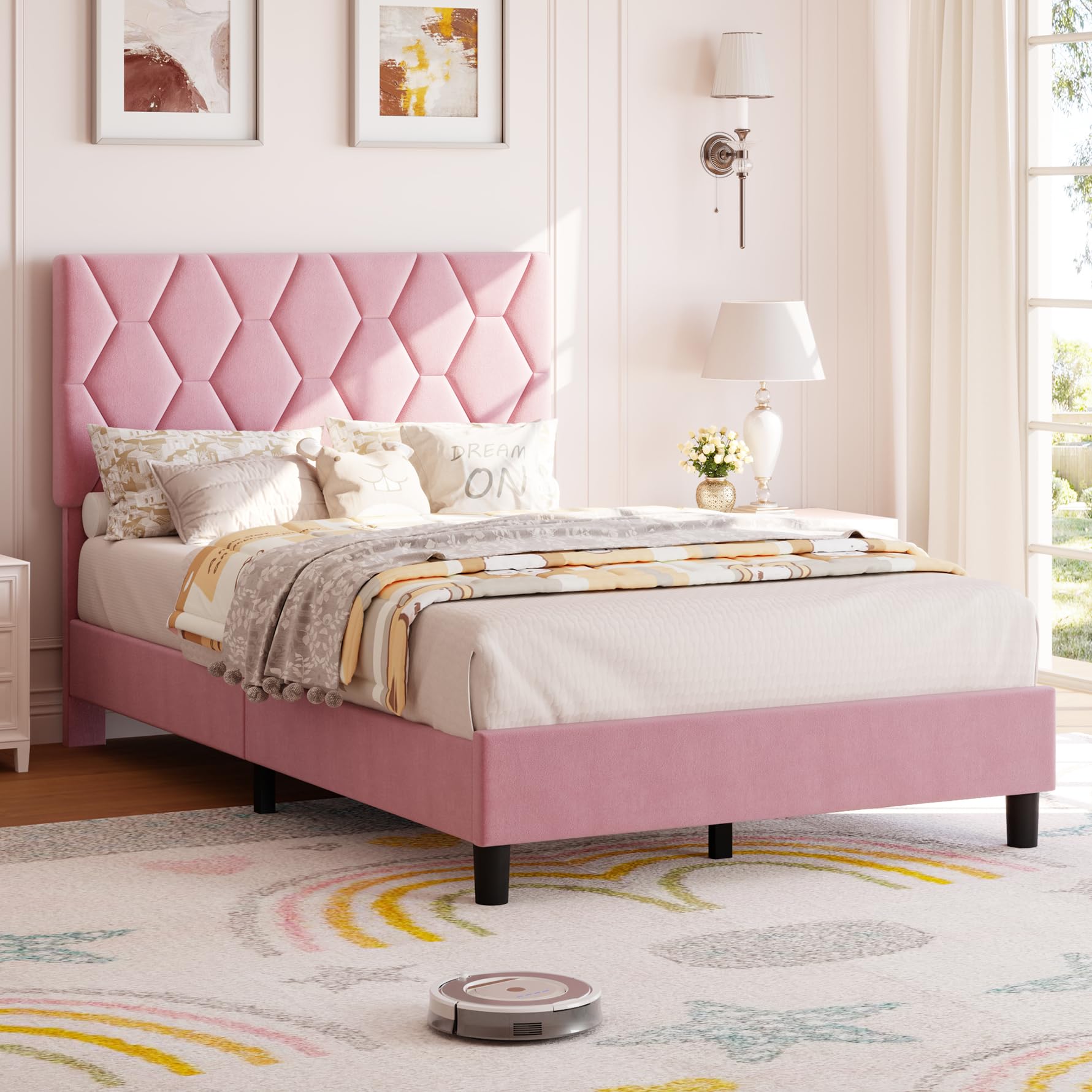 Base de cama de plataforma de tamaño individual con cabecera tapizada y soporte de listones de madera, base de colchón tapizada de terciopelo, no necesita somier, fácil montaje, rosa