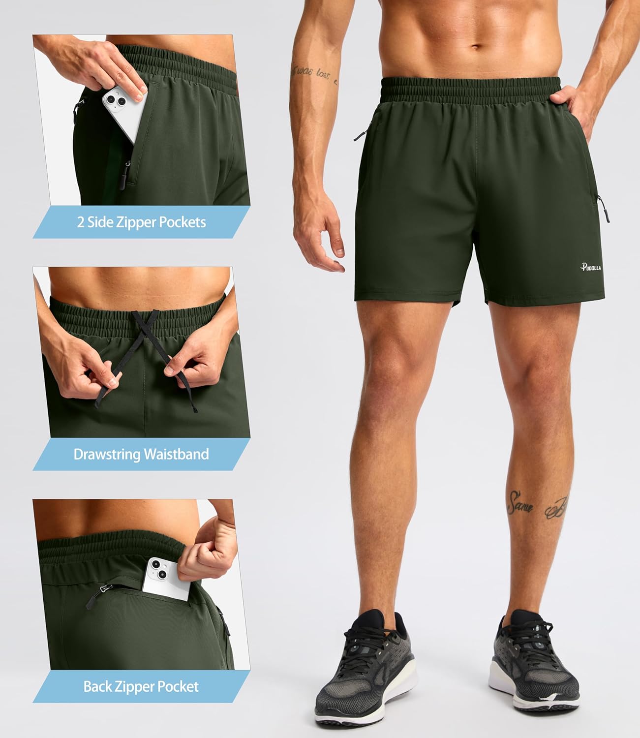 Pudolla Men's Running Athletic Shorts with 3 Zipper Pockets 5"/7" Gym Workout Shorts Lightweight Quick Dry for Hiking Casual - Image 4