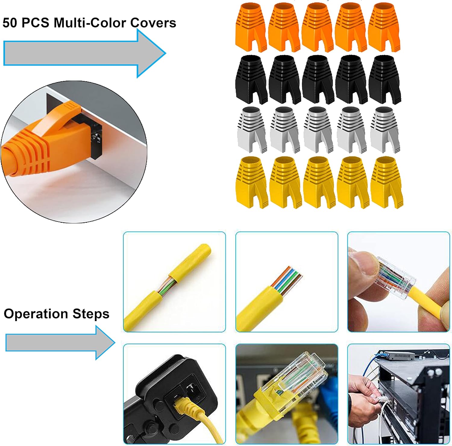 LEATBUY RJ45 Crimp Tool Set for RJ11/RJ12 Pass Through Cat5/Cat5e/Cat6 Crimping Tool for Regular End-Pass-Through with 50PCS Connectors, 50PCS Covers Network Wire Stripper Kit (Blue)