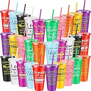 Uiifan 30 Pcs Funny Employee Gifts, Sarcastic Office Gifts for Coworkers Staff, 24oz Colorful Plastic Tumbler with Lids and Straws Bulk, Funny Awards Ideas for Thanksgiving Christmas Party Favors