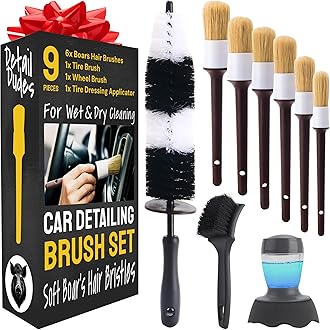 Detail Dudes Car Detailing Brush Set 9-pc - Boars Hair Brushes Plus Wheel Cleaner, Tire Brush and Dressing Applicator - Car Cleaning Kit for Leather Seats, Dashboards, Wheels, Grills and Paint