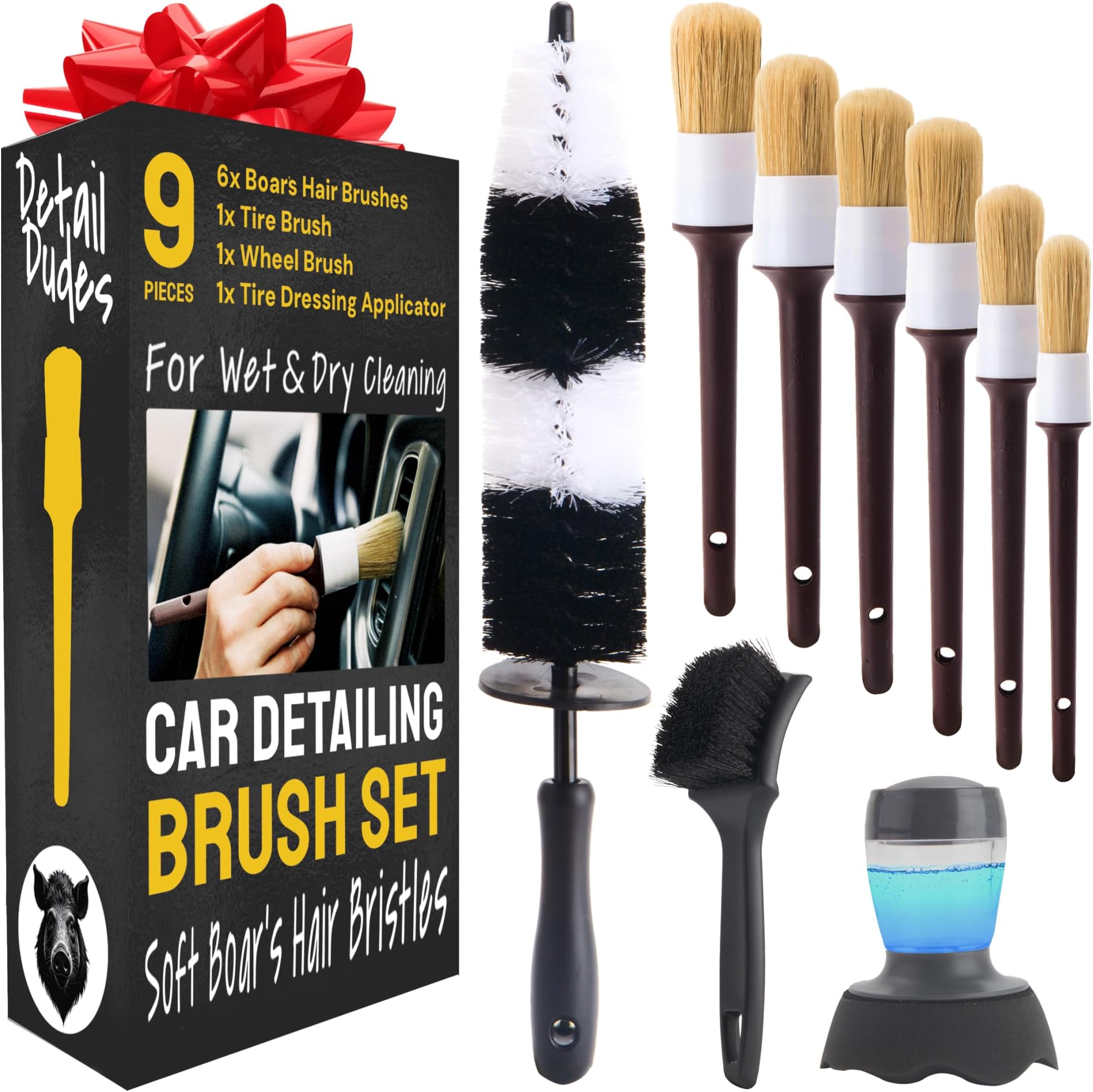 Detail Dudes Car Detailing Brush Set 9-pc - Boars Hair Brushes Plus Wheel Cleaner, Tire Brush and Dressing Applicator - Car Cleaning Kit for Leather Seats, Dashboards, Wheels, Grills and Paint