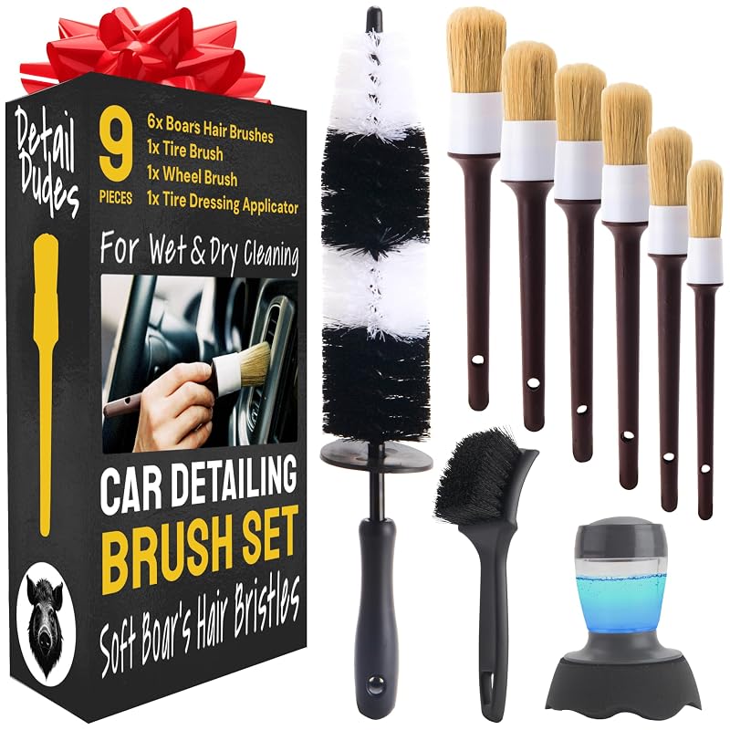 Kit de Escovas para Detalhamento Automotivo Detail Dudes com Cerdas de Pelo de Javali, Escovas para Interior, Rodas e Pneus, 9 peças