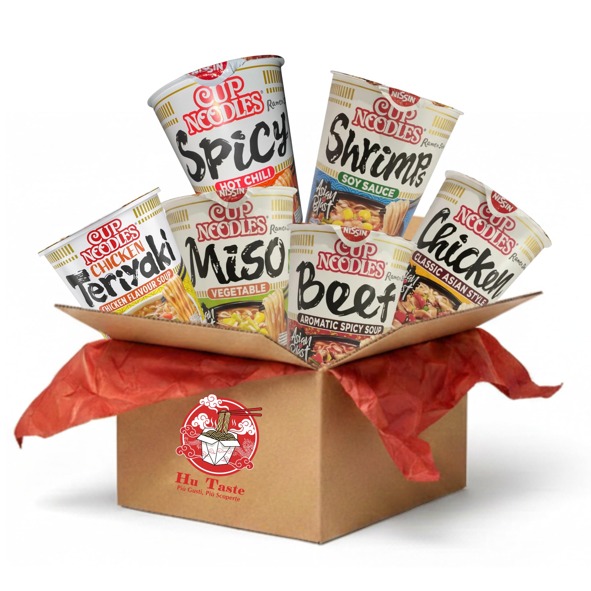 HU TASTE - Set Ramen Giapponese e Noodles Istantanei - Box Cibo Giapponese e Asiatico Mix 6 Gusti: Miso, Manzo Spicy, Gamberi, Teriyaki Pollo, Spicy e Pollo - Kit Ramen Pronto da Mangiare - 6 x 67g
