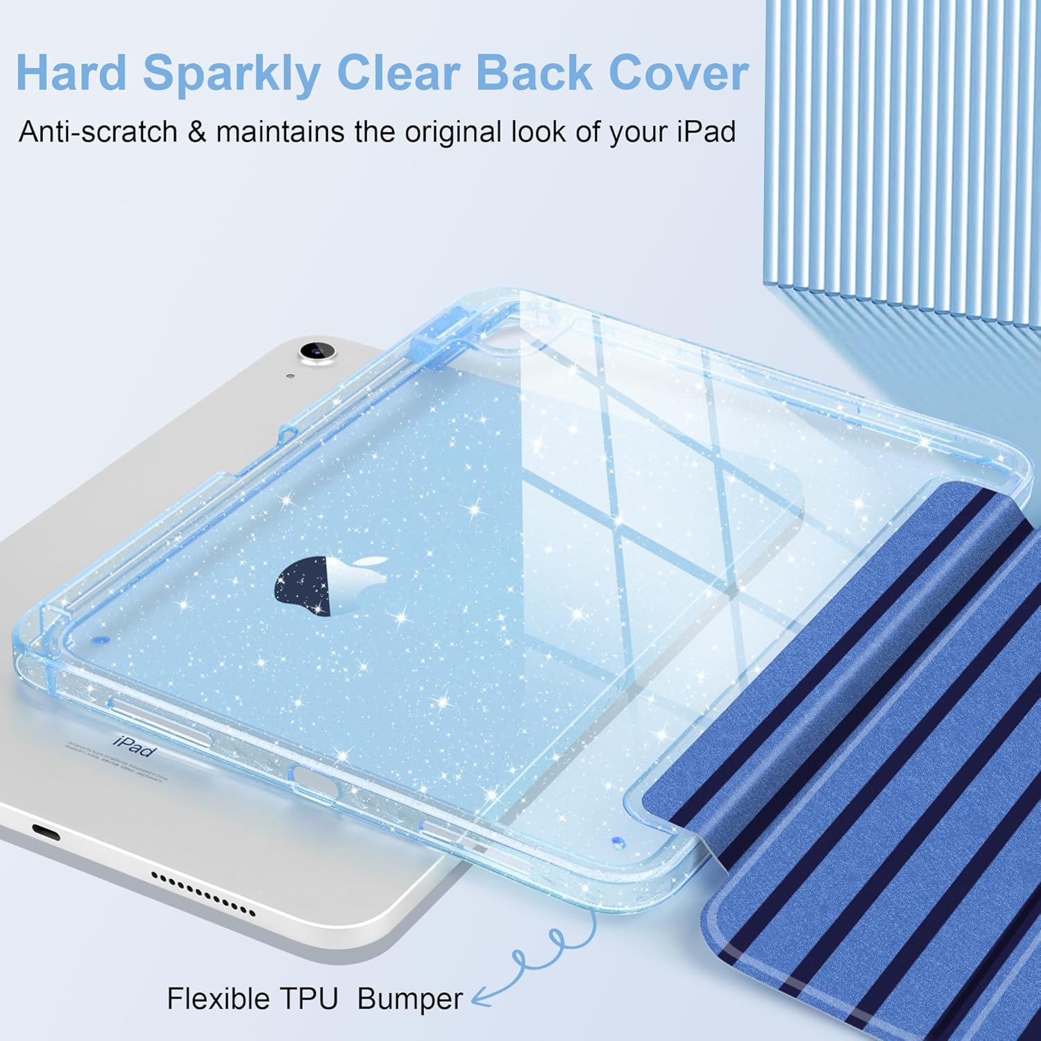 DONGKE for iPad 11th Generation Case (A16, 11-inch 2025) / iPad 10th Generation (10.9-inch 2022), Glitter Clear Acrylic Back, Pencil Holder, Trifold Stand, Auto Sleep/Wake - Dark Blue Stripes