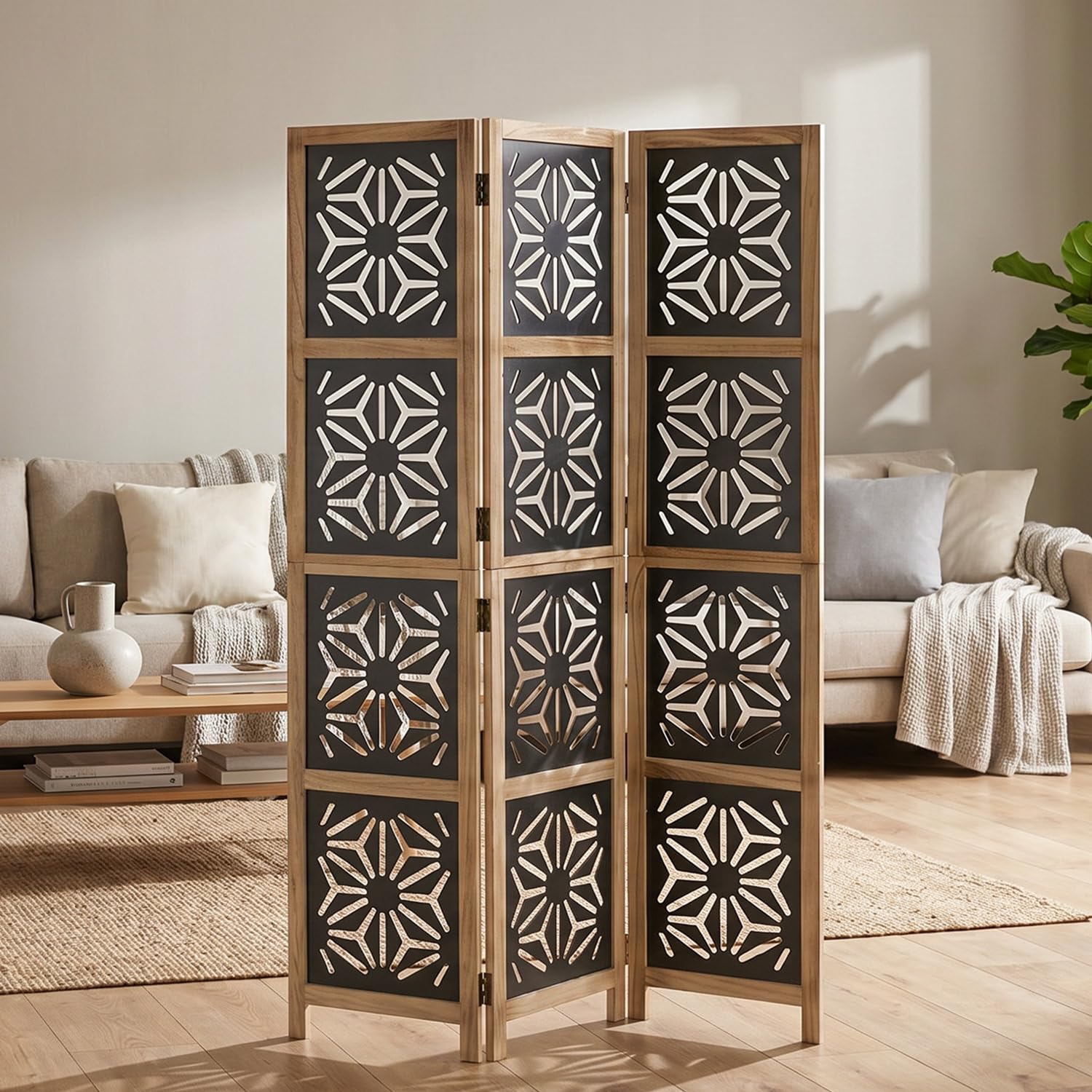 Homestyle4u 2015 Paravent en bois naturel noir naturel 3 pièces Brise-vue