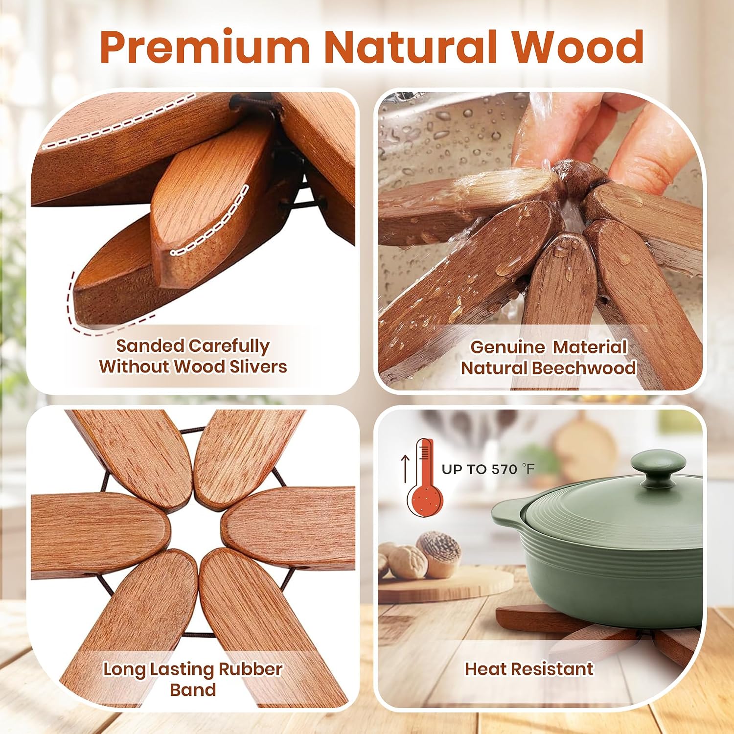 5Pcs Wooden Trivets for Hot Dishes - Heat Resistant Hot Pads for Kitchen, Tree Shaped Wood Trivet Set of 5 with Stand, Walnut Wooden Kitchen Accessories for Pots and Bowls (Walnut Wood 5)
