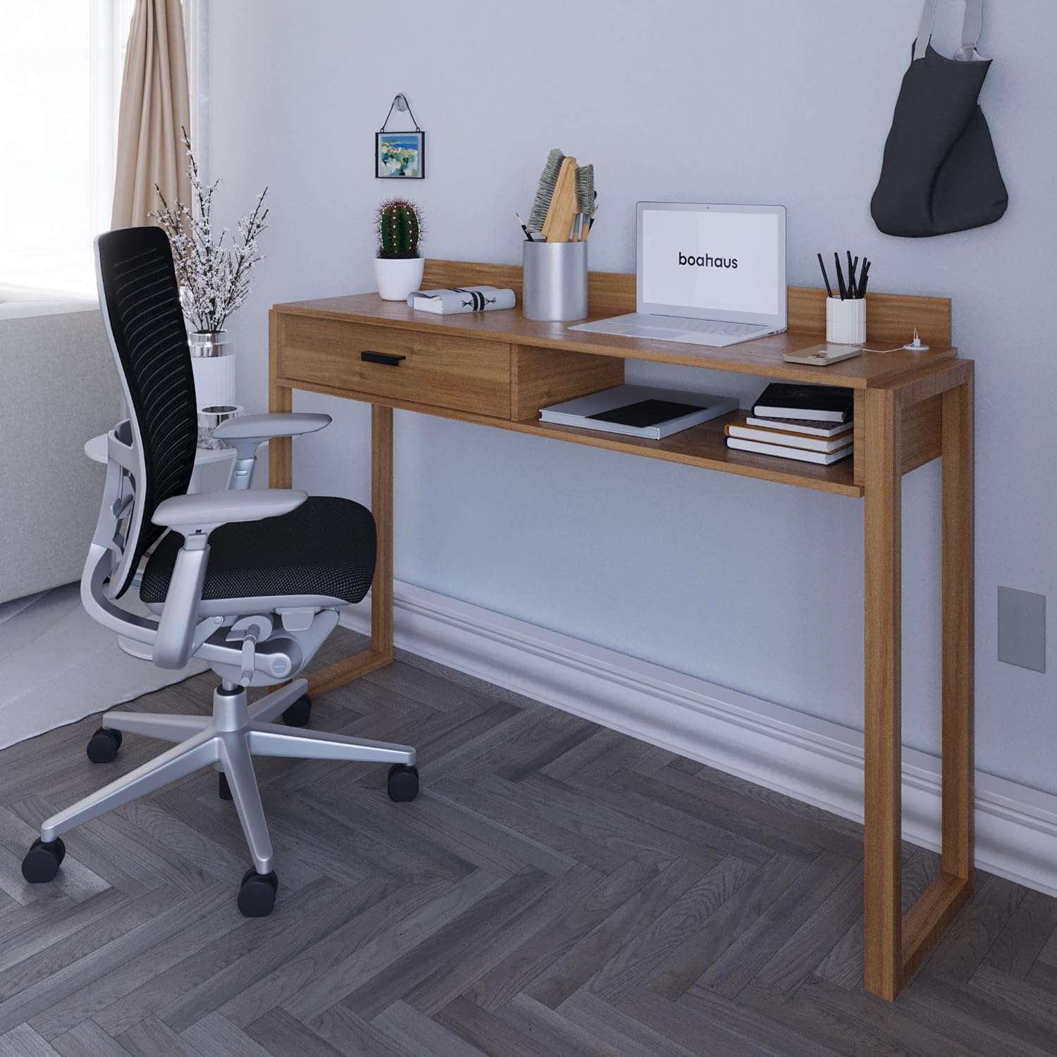 Boahaus Kettlewell Mid-Century Light Brown Computer Desk with USB Ports, Large Drawer, Open Shelf & Solid Wood Legs – Home Office & Study Workstation