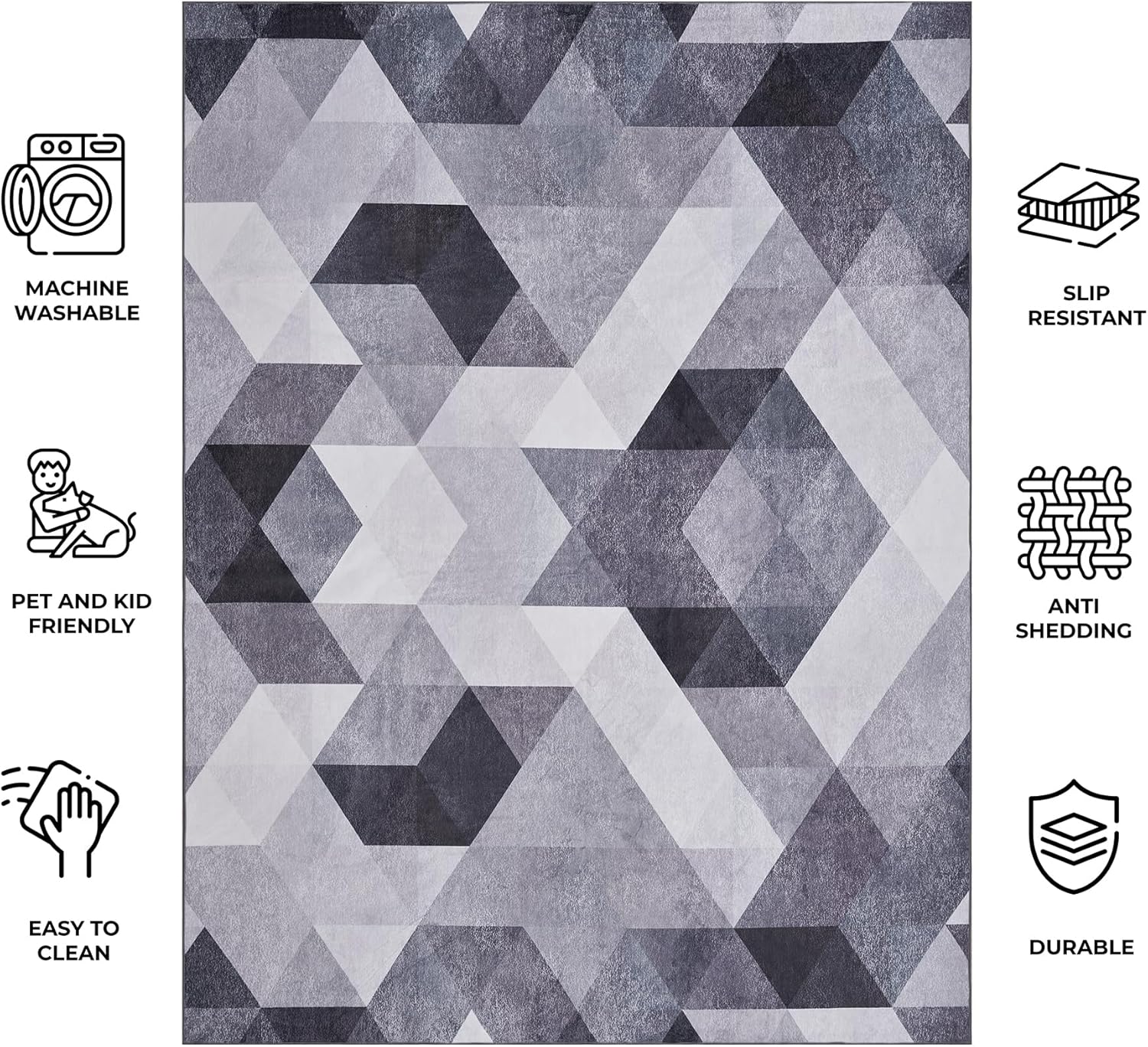 Machine Washable Rug - Geometric Abstract Area Rug - Neutral Gray Rug for Living Room, Bedroom, Entryway - Grey and Ivory White - 8x10