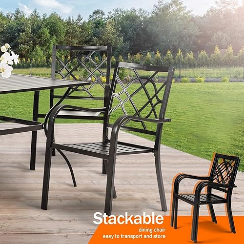 Miniatura 3 de Juego de 4 sillas de comedor de hierro forjado para patio, sillas apilables de metal con reposabrazos para jardín, piscina, patio trasero (negro)