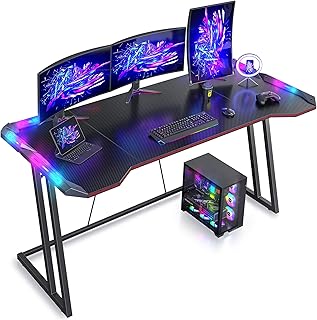 CubiCubi Gaming Desk with LED Lights, 63 Inch Z Shaped Gamer Desk, Home Game Computer Desk with Carbon Fiber Surface, Ergo...