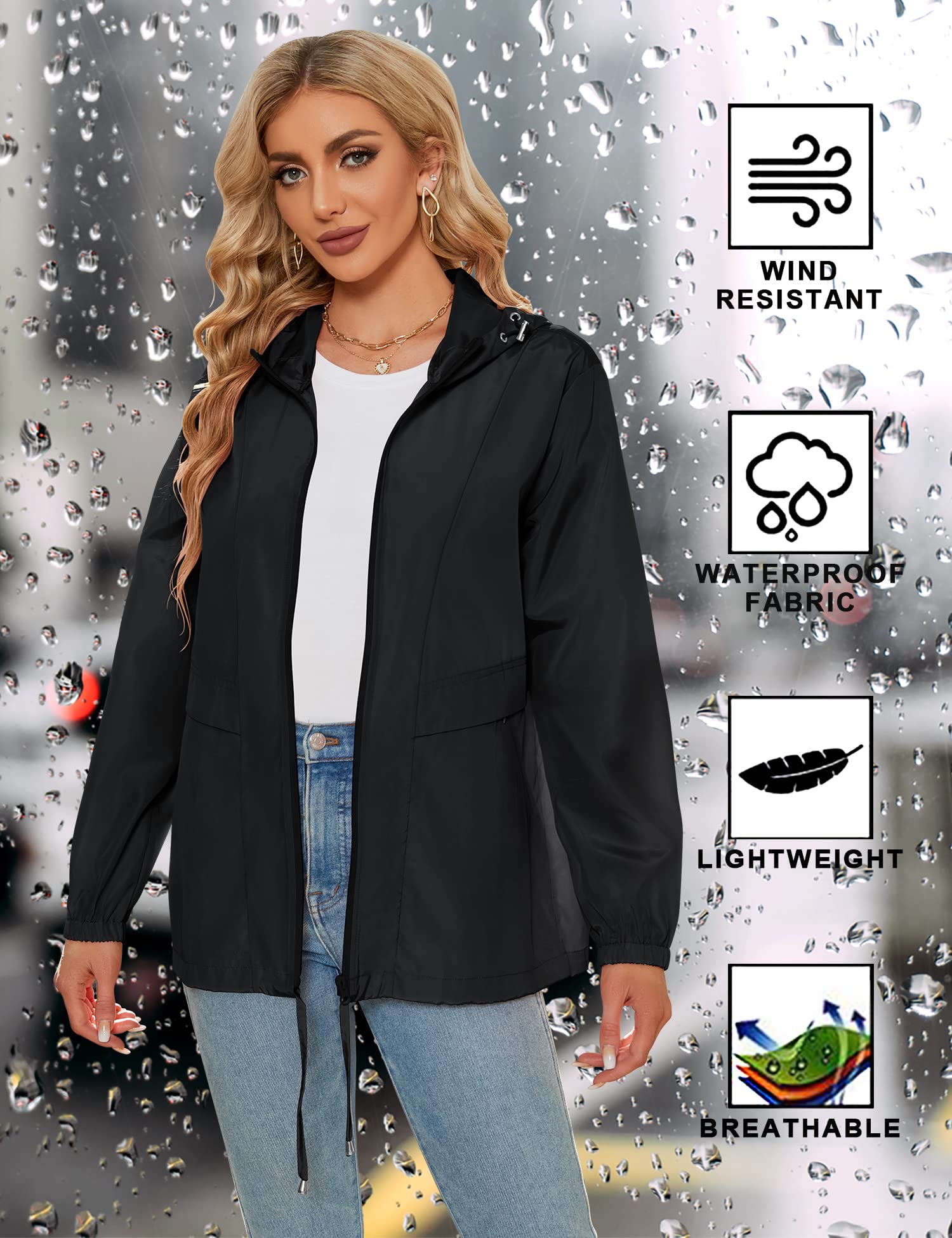 Tisfeer - Impermeabile da donna con cappuccio, leggero, antivento, ripiegabile, giacca a vento con cappuccio