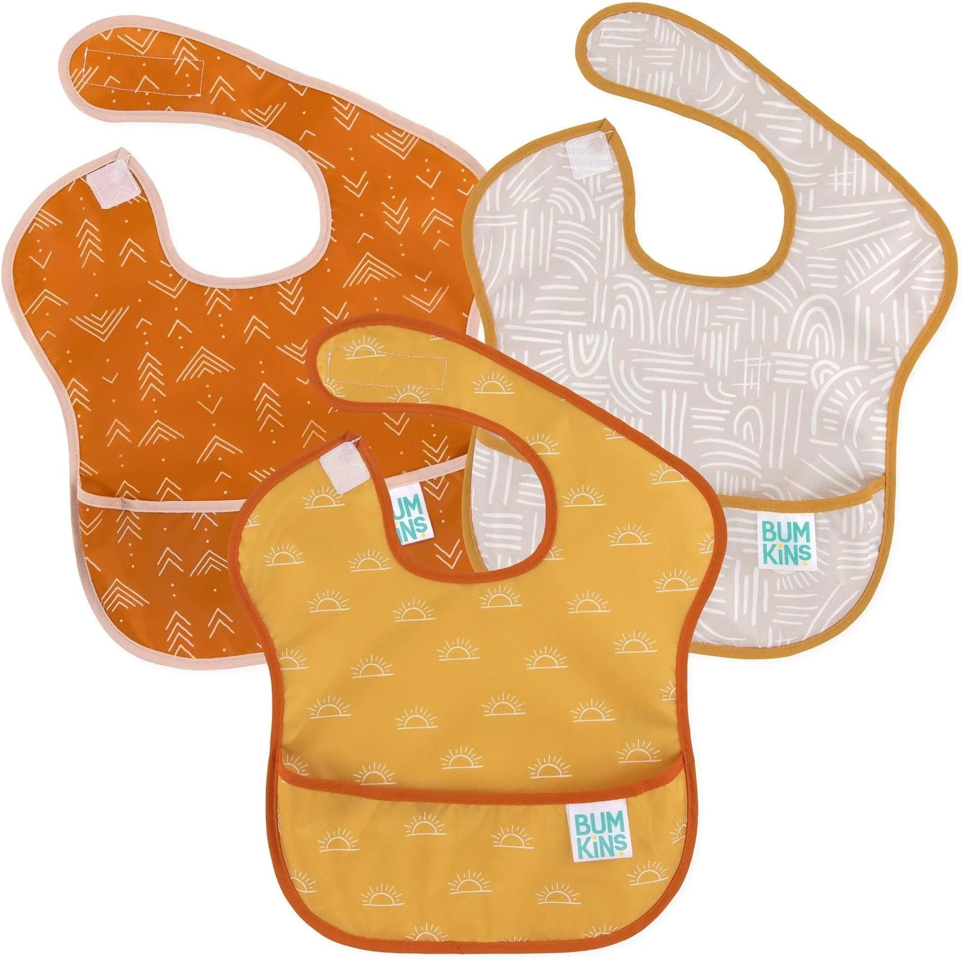 Bibs for Girl or Boy, SuperBib Baby and Toddler for 6-24 Months, Essential Must Have for Eating, Feeding, Baby Led Weaning Supplies, Mess Saving Catch Food, Waterproof Fabric 3-pk Desert Boho