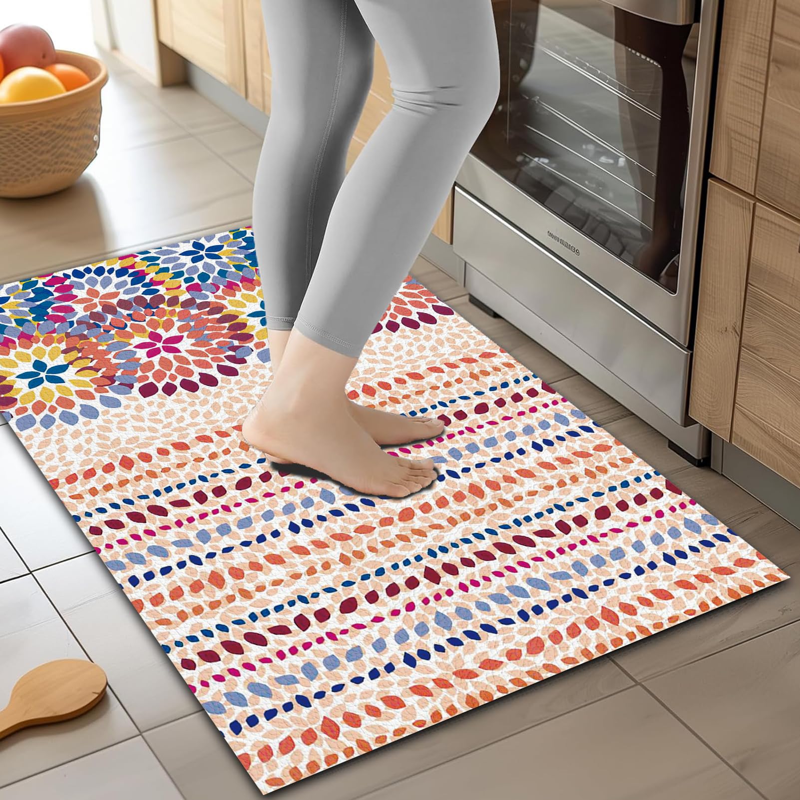 VKJSIP PU Leather Kitchen Rug, Washable Kitchen Mats for Floor, Non Slip Soft Modern Abstract Colorful Flower Kitchen Area Rug Floor Mat for Kitchen,
