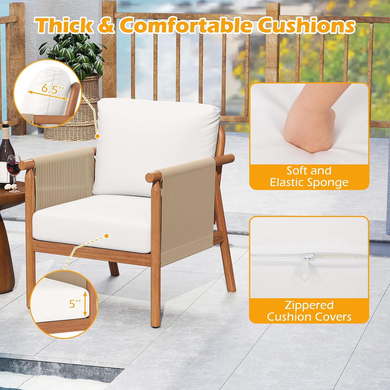 Tangkula Acacia Wood Patio Club Chair Set of 2, Boho Accent Chair with Woven Rope Armrests & Seat Back Cushions, Indoor Outdoor Wooden Leisure Sofa for Backyard, Porch, Balcony, Living Room (White)