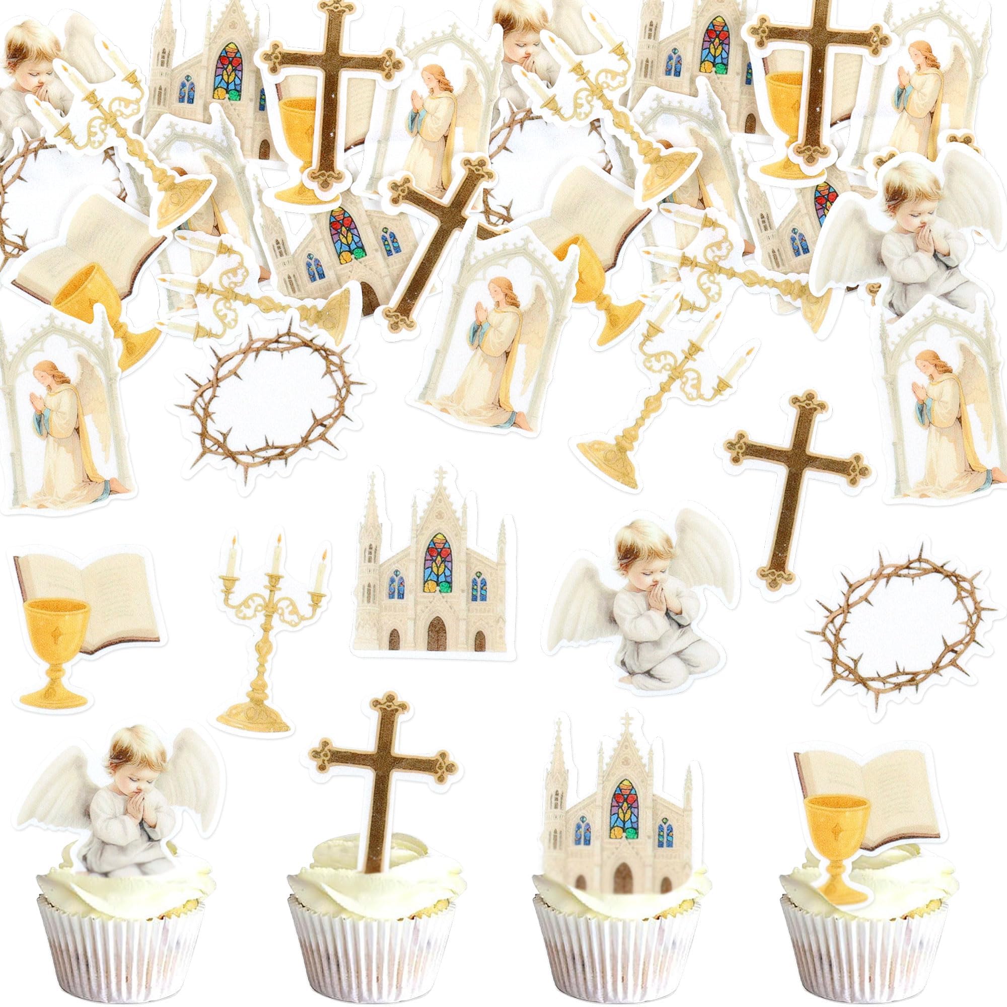 42Stk Essbare Engel Kreuz Kuchen Topper Kirche Krone von Dornen Bibel Torten Toppers für Baby Erste Taufe Kommunion Kuchen Dekorationen Christlicher Geburtstag Kirchendienst Party Dekorationen