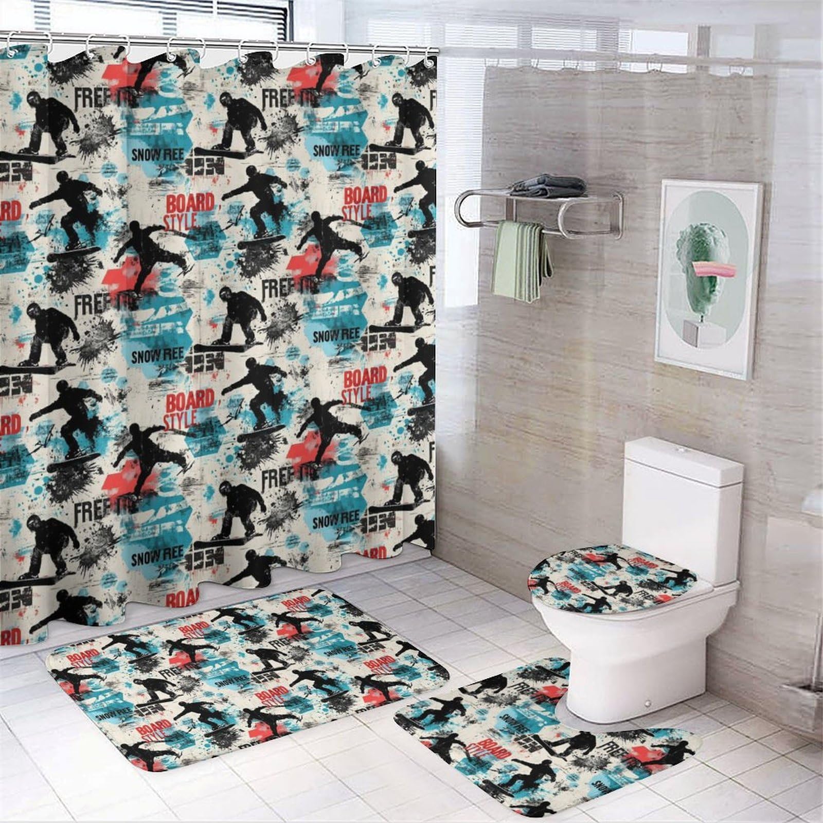 Ensemble de 4 pièces de salle de bain avec rideau de douche et tapis – Motif graffiti de ski moderne imprimé tapis de salle de bain Accessoires de décoration pour couvercle de toilette en forme de U